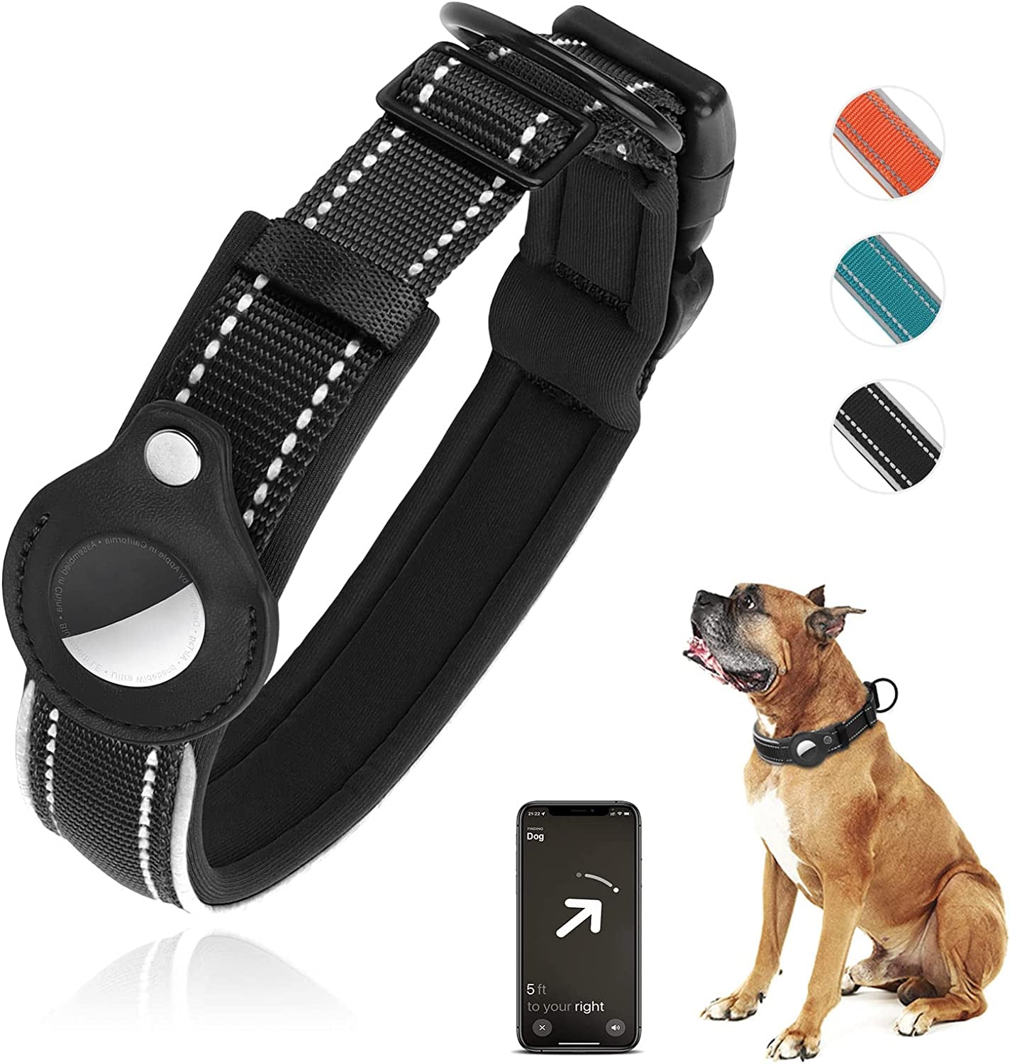 Airtag Dog Collar, PETNANNY Reflective Dog Collar with Airtag Holder Case, Padded Heavy Duty Dog Collar for Airtag, Adjustable Air Tag Pet Collar for Medium Large Dogs (Black, XL(19-22")) Electronics > GPS Accessories > GPS Cases PETNANNY Black M(15-18") 
