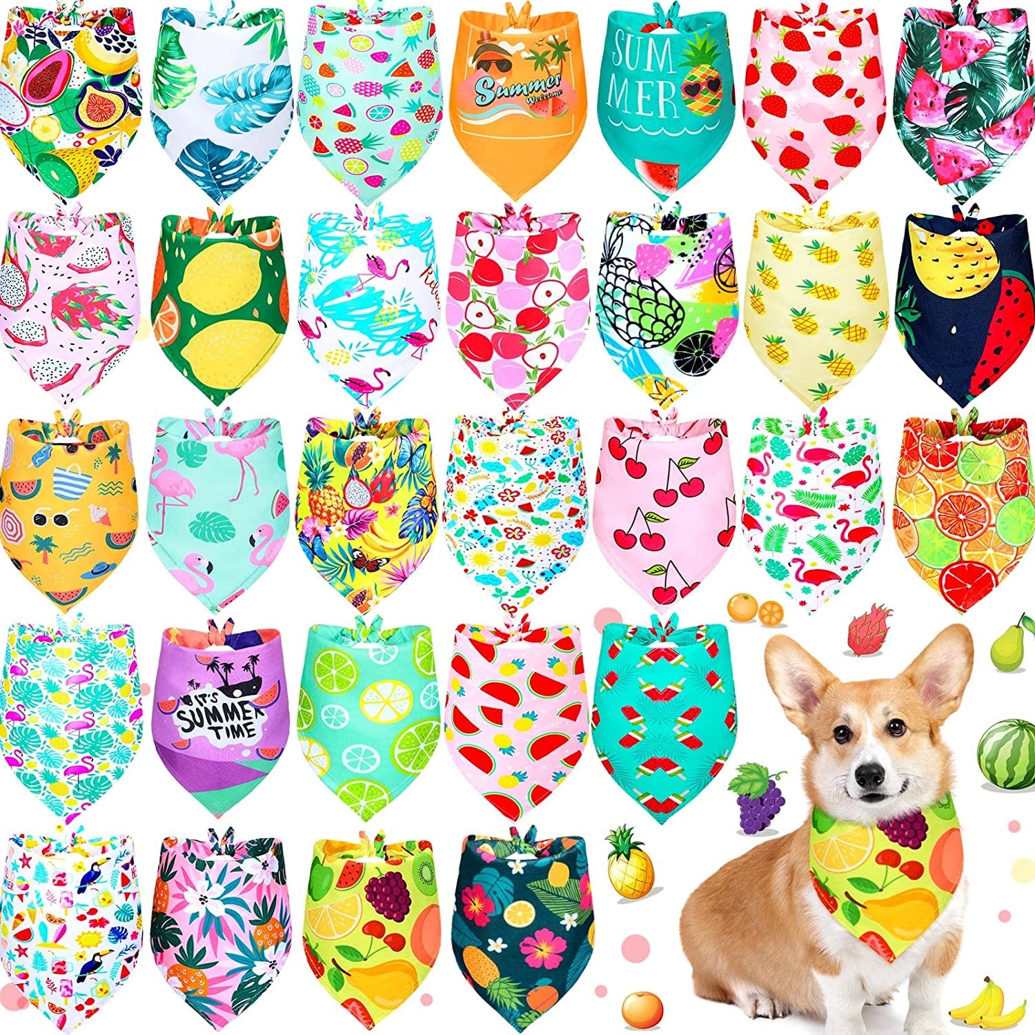 30 Pack Spring Summer Flower Dog Bandanas Soft Triangle Dog Scarfs Polyester Bandana PET Costume Cute Triangle Scarf Bibs with Flowers Patterns for Small Medium Large Pets Animals & Pet Supplies > Pet Supplies > Dog Supplies > Dog Apparel Eccliy Fruits Medium 