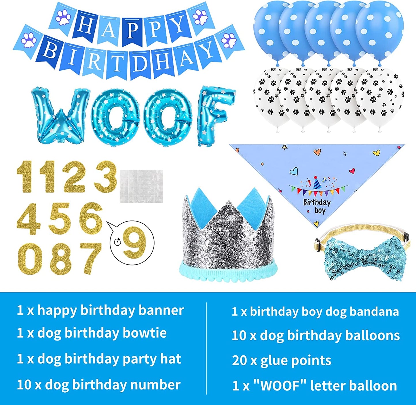 Dog Birthday Party Supplies, Selemoy Dog Birthday Bandana Scarf, Doggie Boy Birthday Party Hat with Number, Bowtie Paw Balloons Banner for Small Medium Puppy Dog Pets, Dog Birthday Party Decorations Animals & Pet Supplies > Pet Supplies > Dog Supplies > Dog Apparel Selemoy   