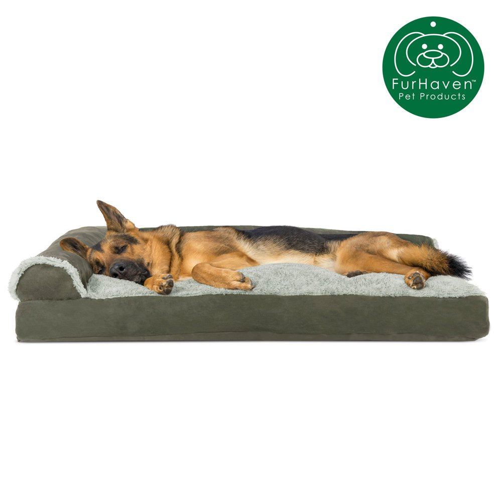 Furhaven Pet Products | Faux Fur & Suede Chaise Lounge Pillow Sofa-Style Pet Bed for Dogs & Cats, Espresso, Jumbo Animals & Pet Supplies > Pet Supplies > Cat Supplies > Cat Beds FurHaven Pet Jumbo Dark Sage 