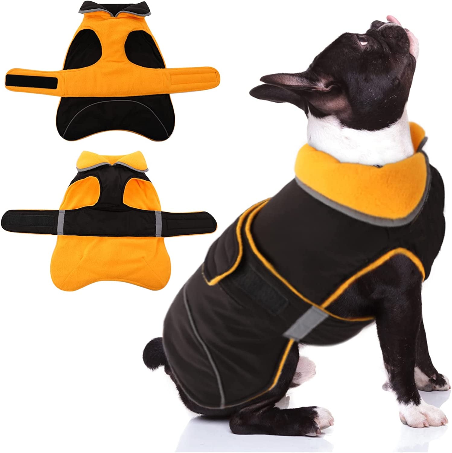 DENTERUN Winter Warm Dog Jacket Reflective Reversible Windproof Cozy Cold Weather Puppy Coat Water Repellent Vest Thick Fleece Apparel with Harness/Leash Hole for Outdoor Small Medium Large Dogs Animals & Pet Supplies > Pet Supplies > Dog Supplies > Dog Apparel DENTRUN Yellow Small 