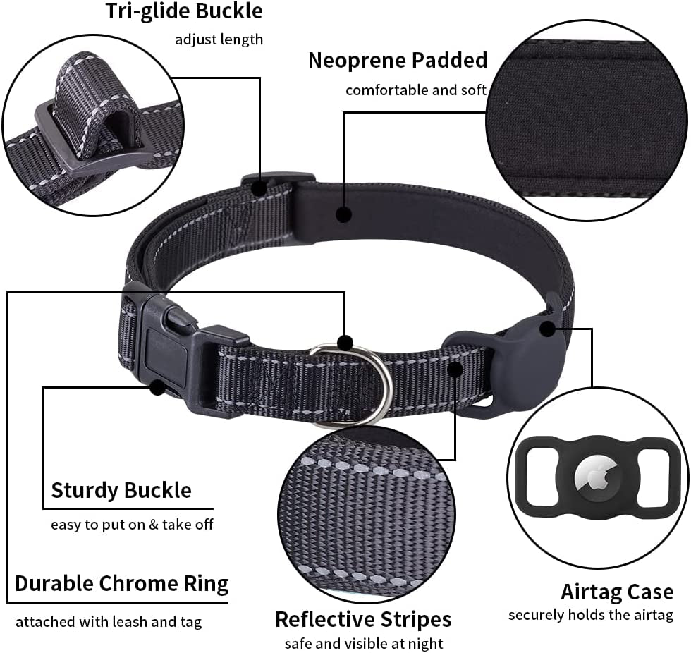 Airtag Dog Collar for Small Medium Large Dogs, Animire Soft Neoprene Padded Pet Cat Collar, Nylon Puppy Collar with Silicone Air Tag Case Holder Accessories, 9''-16'' Neck Electronics > GPS Accessories > GPS Cases Animire   