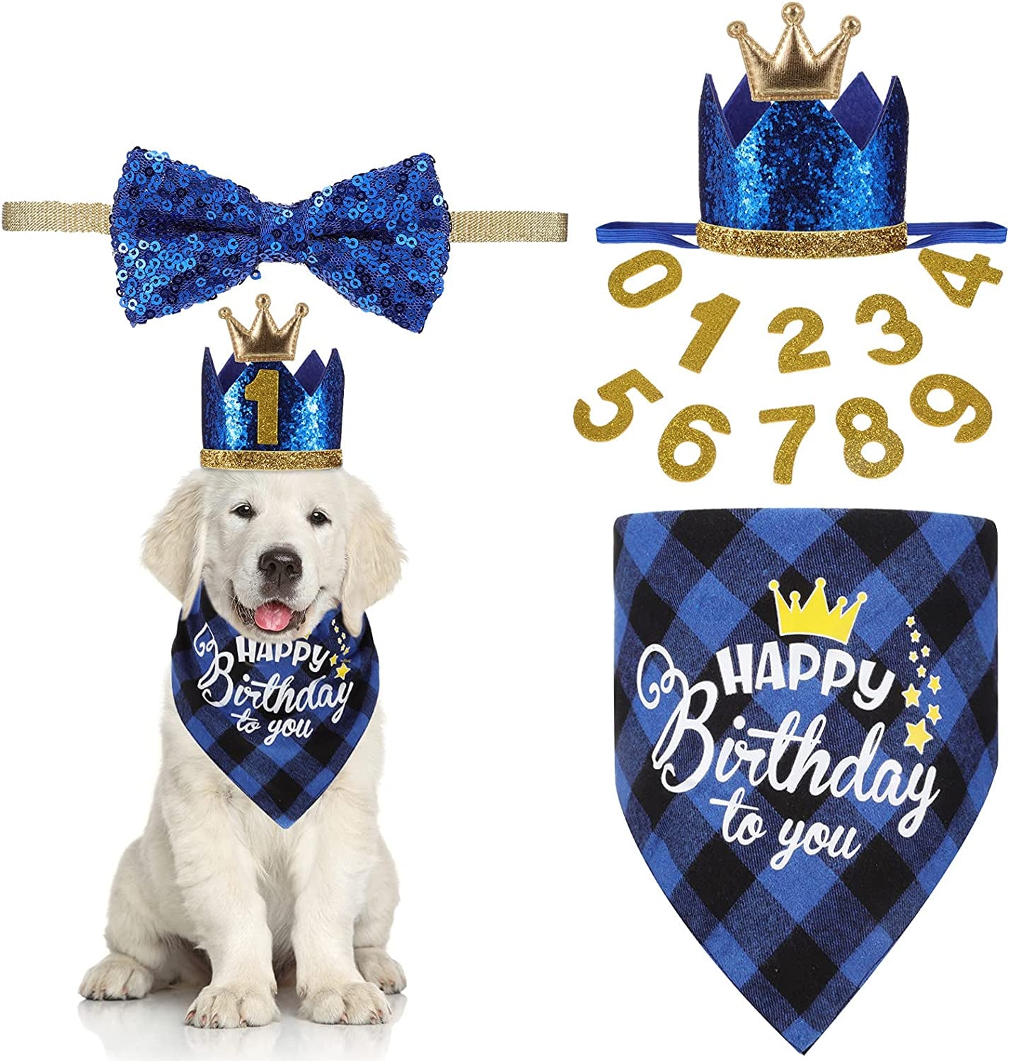 Dog Birthday Party Supplies Bandana Scarf Bling Dog Crown Hat Pet Bow Tie Collar Set with 0-9 Figures Pet Cute Costume Accessories for Small Medium Dog Puppy Kitten Pet Birthday Dress (Blue) Animals & Pet Supplies > Pet Supplies > Dog Supplies > Dog Apparel Weewooday   