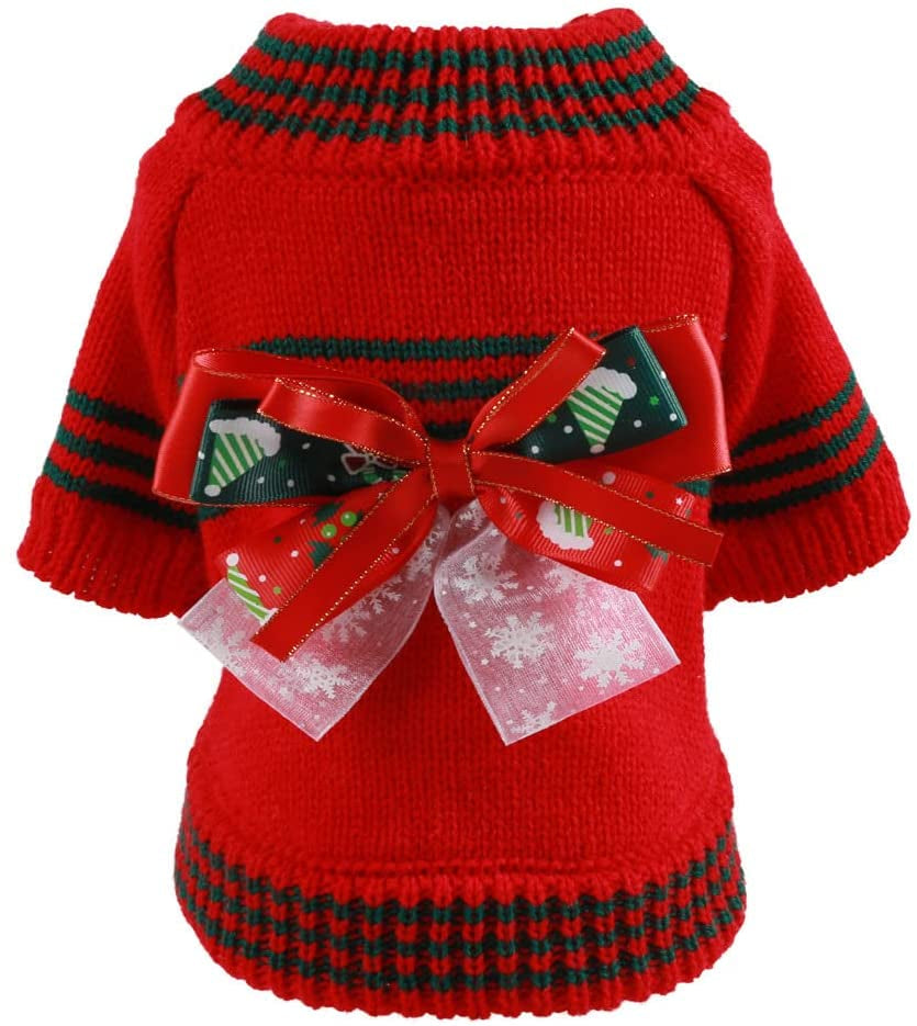 BAEJMJK Dog Christmas Sweater for Small Dogs Warm Puppy Bowknot Jumper Pet Cat Turtleneck Christmas Clothes for Fall Winter（Red,Small） Animals & Pet Supplies > Pet Supplies > Dog Supplies > Dog Apparel BAEJMJK Red X-Small 