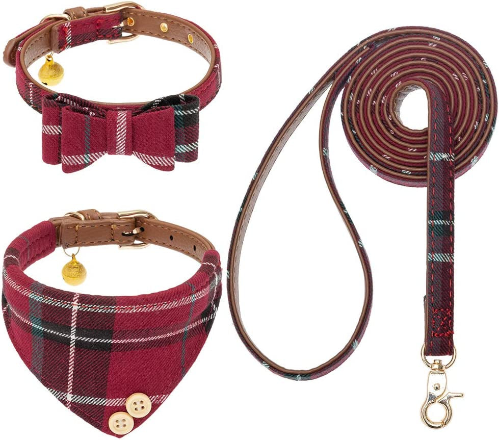 EXPAWLORER Dog Collar and Leash Set - Classic Plaid Dog Bow Tie and Dog Bandana Collar with Bell, Dog Leash Tangle Free, Adjustable Collars for Small Medium Large Dogs Cats, Holiday Ideal Gift Animals & Pet Supplies > Pet Supplies > Dog Supplies > Dog Apparel EXPAWLORER Red Small-Medium 