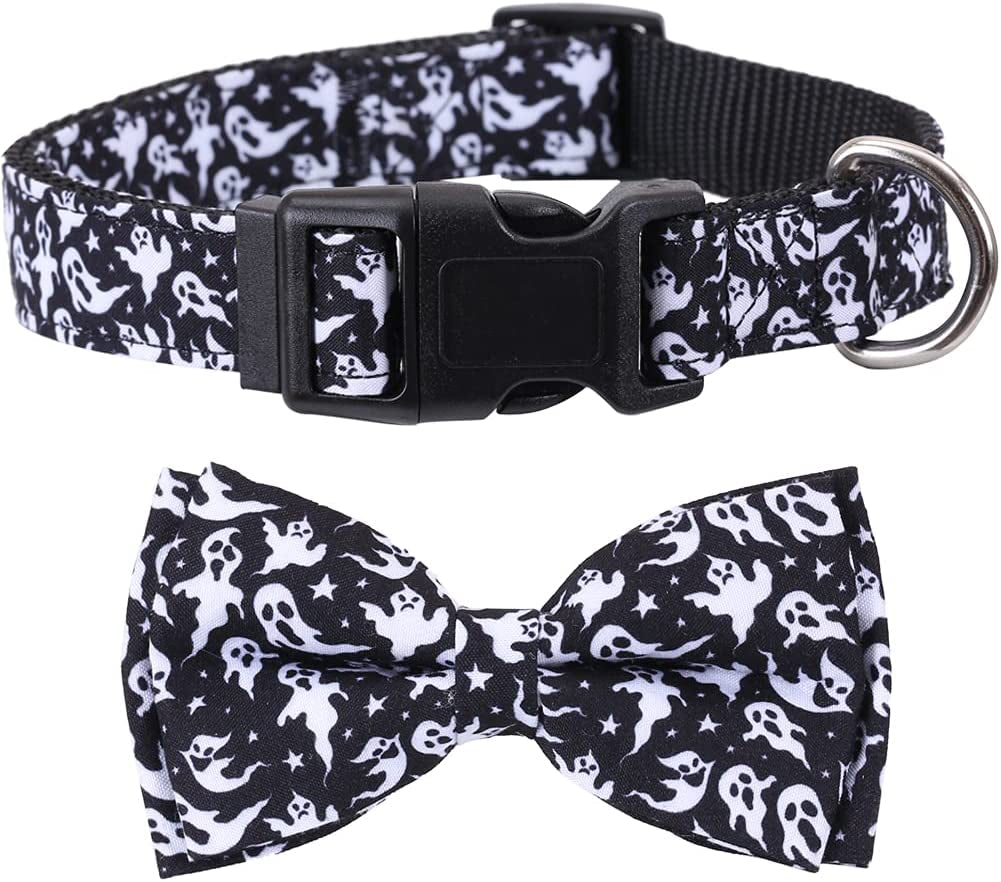 Halloween Dog Collar with Removable Cute Bow Tie Adjustable Pet Collars Animals & Pet Supplies > Pet Supplies > Dog Supplies > Dog Apparel Lamphyface Ghost Large 