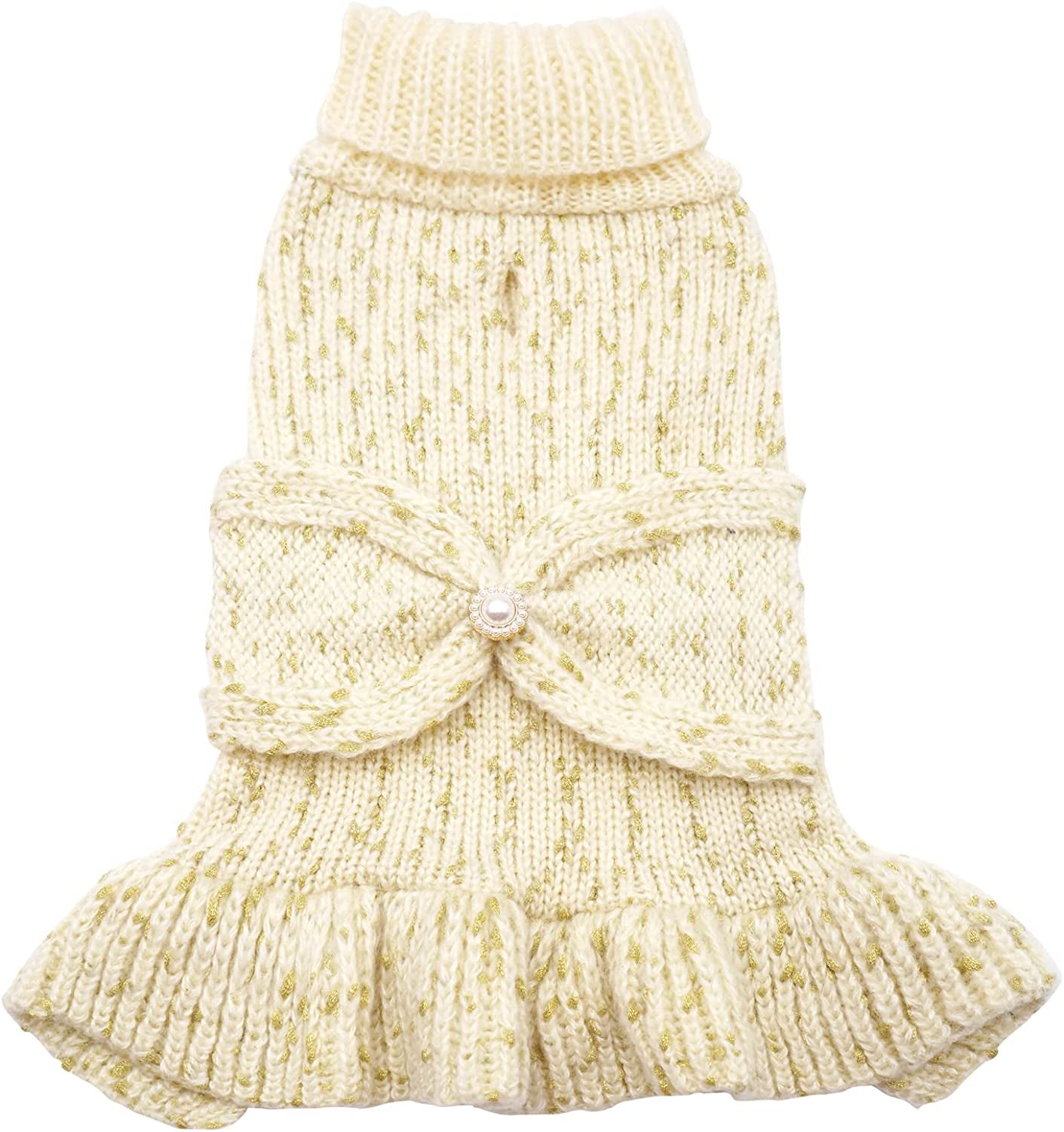 KYEESE Dog Sweater Dress with Golden Thread Turtleneck Dog Knitwear with Bowtie for Small Dogs Dog Coat Fall Winter, Beige,M Animals & Pet Supplies > Pet Supplies > Dog Supplies > Dog Apparel kyeese 2#Golden Thread (Beige) Small (4-7lbs) 