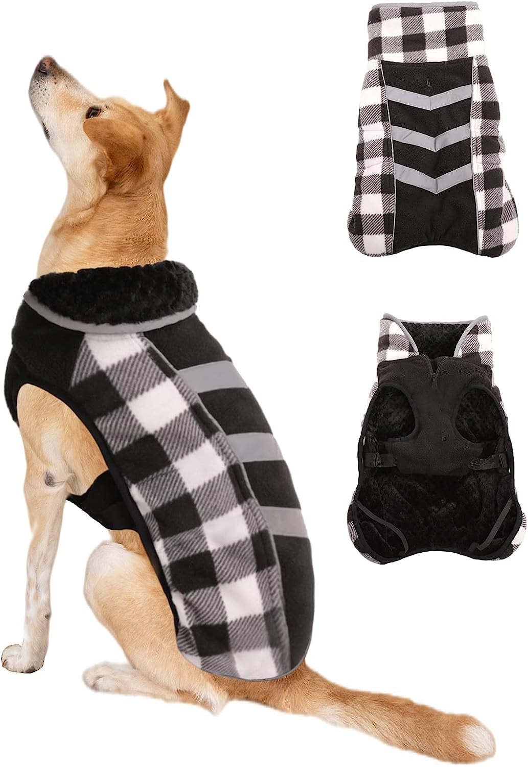 MAZORT Dog Winter Coat, Thick Warm Fleece Dog Jacket with Reflective Strips, Plaid Pet Cold Weather Apparel Clothes for Small Medium Large Dogs (White, Medium) Animals & Pet Supplies > Pet Supplies > Dog Supplies > Dog Apparel MAZORT White Medium 