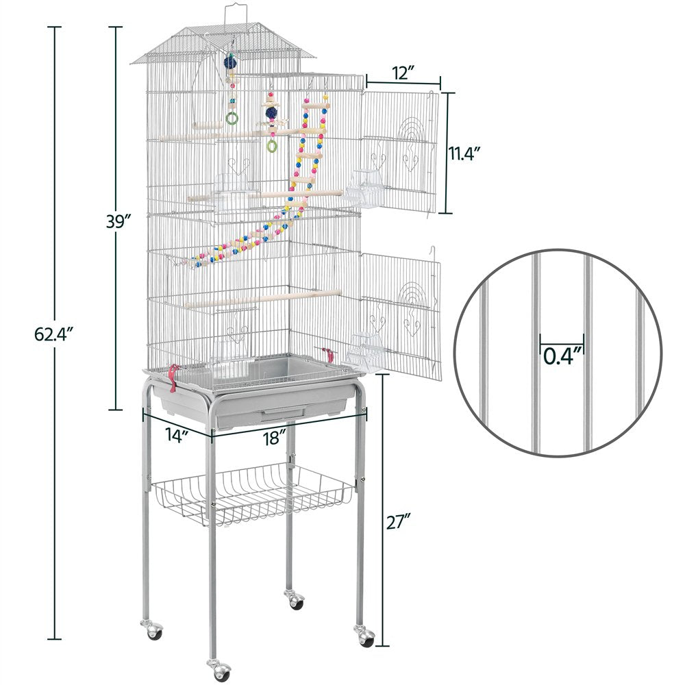 Topeakmart 62.5''H Rolling Metal Bird Cage Large Parrot Cage with with Detachable Stand & Toys, Light Gray Animals & Pet Supplies > Pet Supplies > Bird Supplies > Bird Cages & Stands Topeakmart   