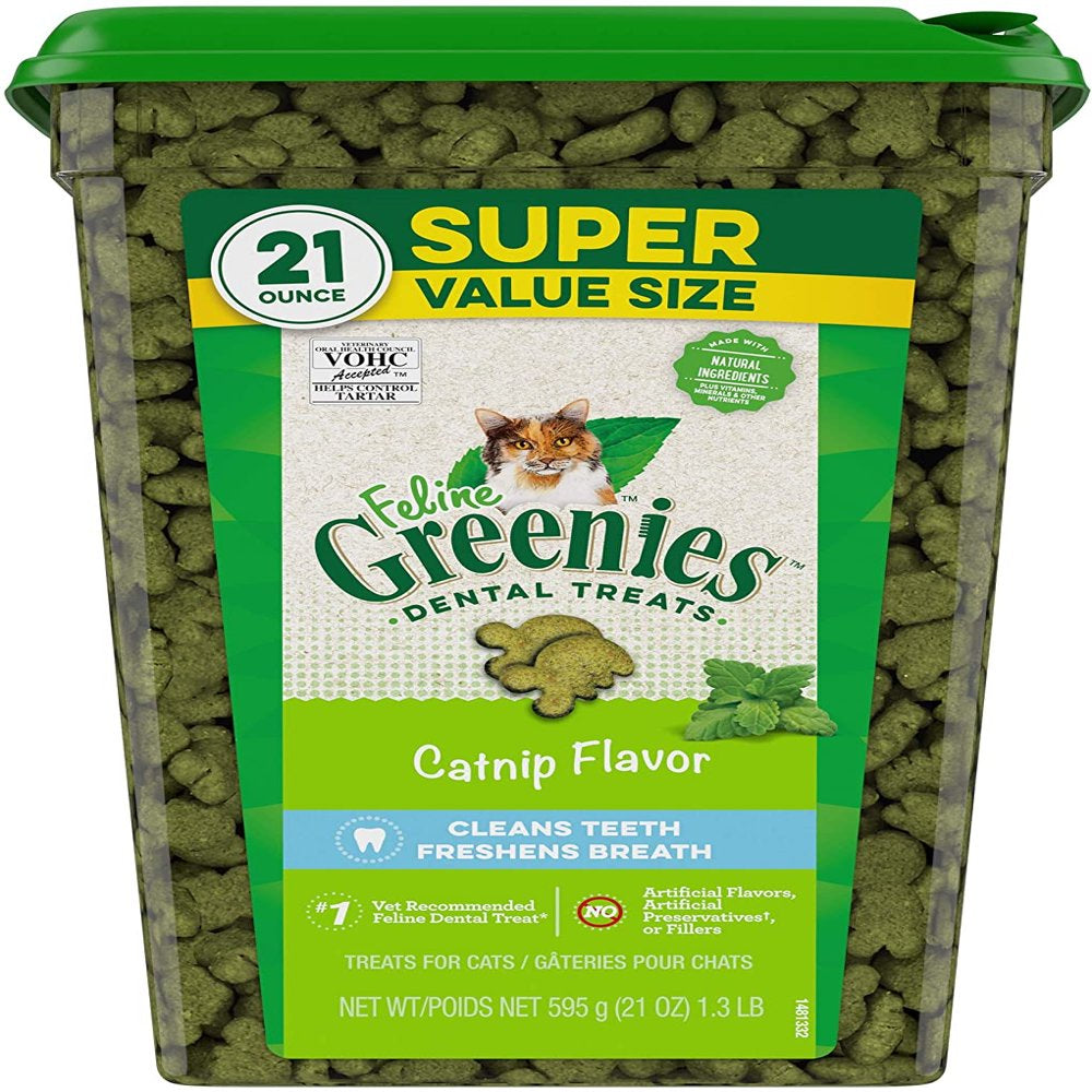 FELINE GREENIES Adult Natural Dental Care Cat Treats, Catnip Flavor, 9.75 Oz. Tub Animals & Pet Supplies > Pet Supplies > Cat Supplies > Cat Treats Mars Petcare 63 oz (3 x 21 oz)  