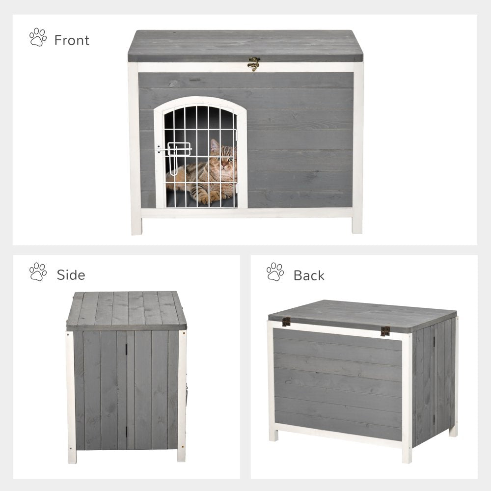 Pawhut Foldable Raised Wooden Dog House with Lockable Door, Openable Roof, Gray Animals & Pet Supplies > Pet Supplies > Dog Supplies > Dog Houses Aosom LLC   