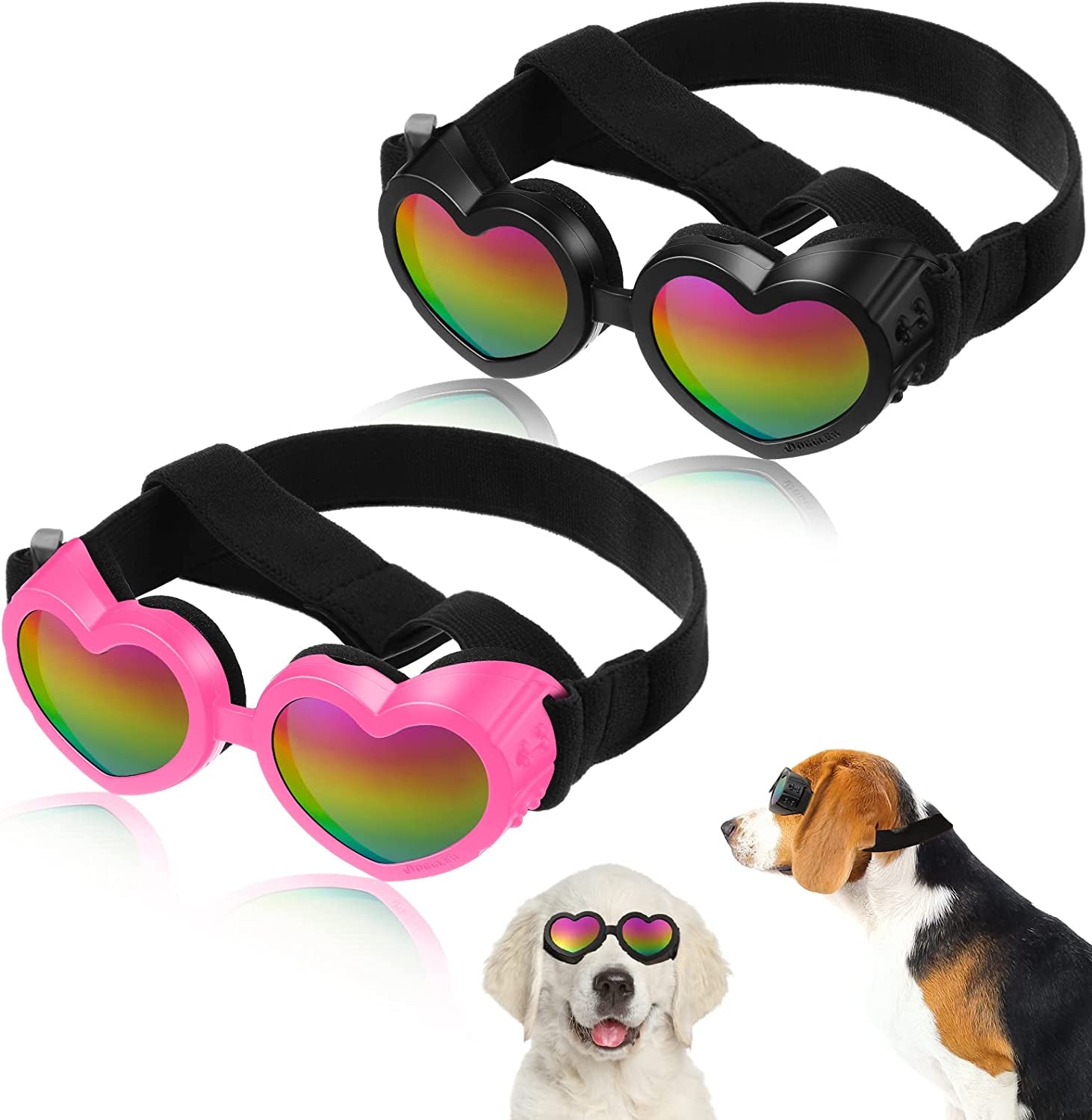 2 Pcs Dog Sunglasses Heart Shape Dog Goggles Small Medium Breed Dog Eye Protection Goggles anti Fog Glasses with Adjustable Strap for Dog Pet Windproof Foldable Eye Wear (Black, Pink) Animals & Pet Supplies > Pet Supplies > Dog Supplies > Dog Apparel Geelin Black, Pink  