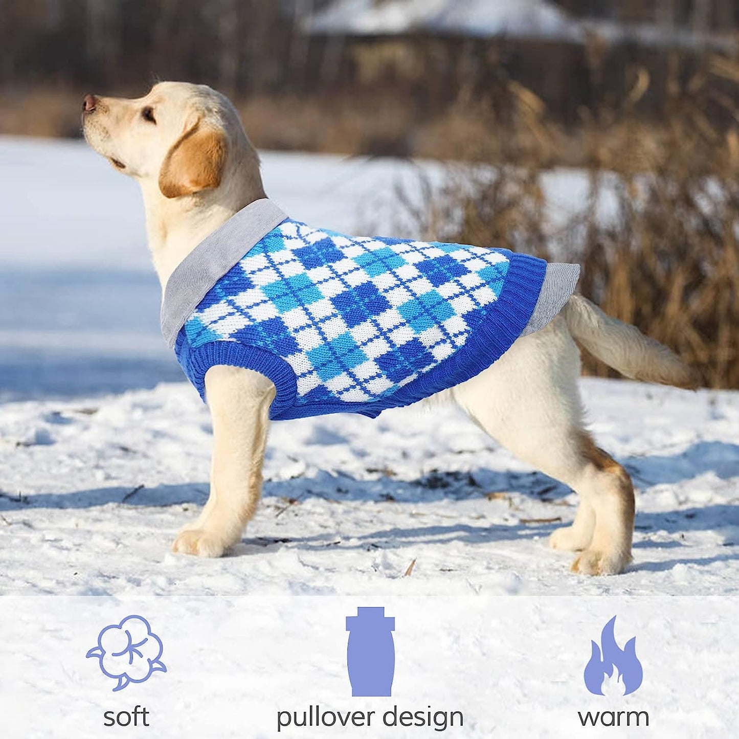 Kuoser Plaid Dog Sweater Warm Clothes, Patchwork Design Pet Dog Knitwear Classic Pullover Puppy Coat Cold Weather Sweatshirts with Leash Hole for Small Medium Cats Dogs (XS, Blue) Animals & Pet Supplies > Pet Supplies > Dog Supplies > Dog Apparel Kuoser   