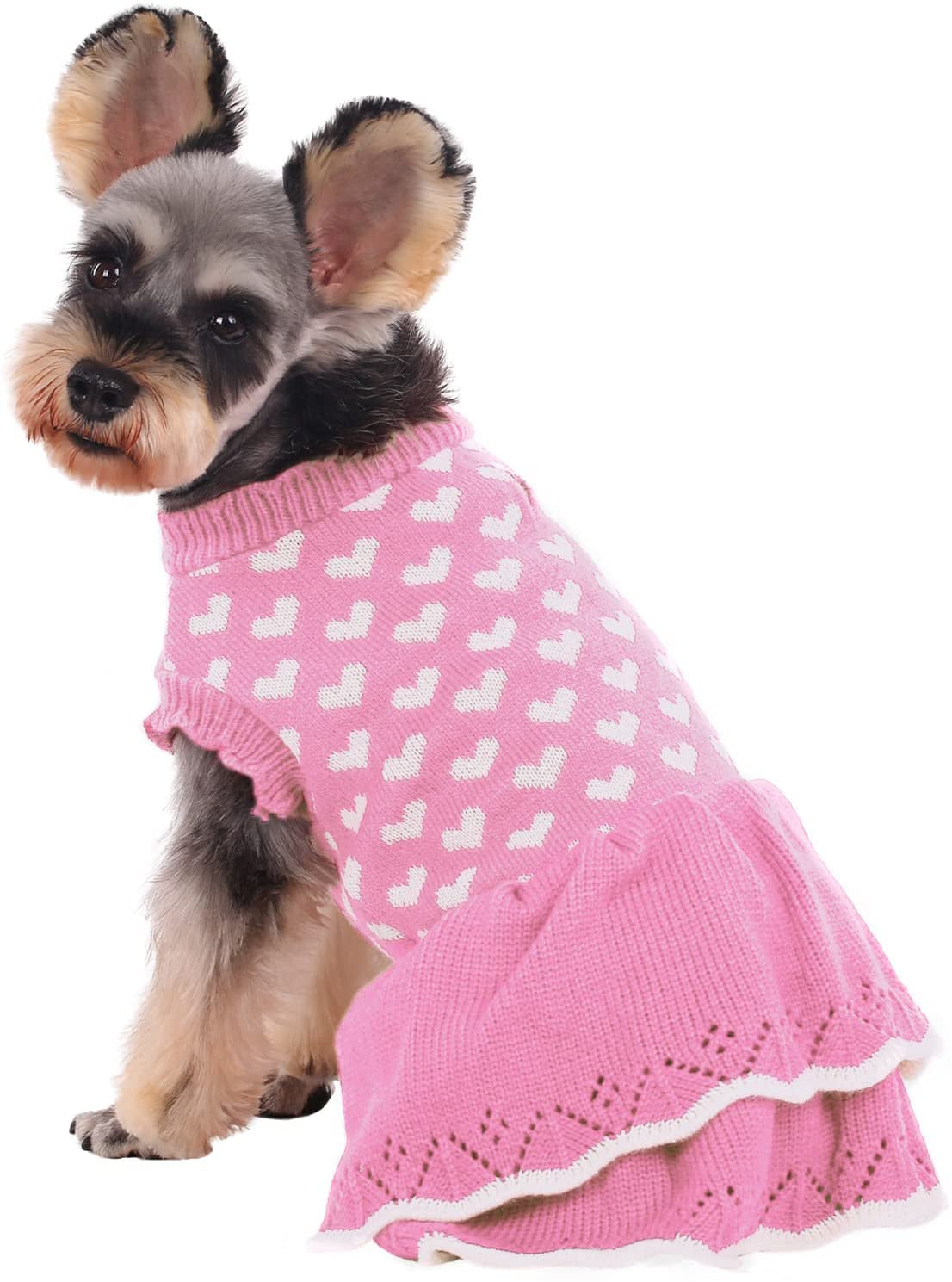 Kuoser Dog Sweater, Dog Heart Sweater Dress Warm Dog Sweaters Knitwear Vest Turtleneck Pullover Dog Coat for Small Medium Dogs Puppies Bulldog for Fall Winter with Leash Hole（Xs-Xl） Animals & Pet Supplies > Pet Supplies > Dog Supplies > Dog Apparel Kuoser Pink Large (pack of 1) 