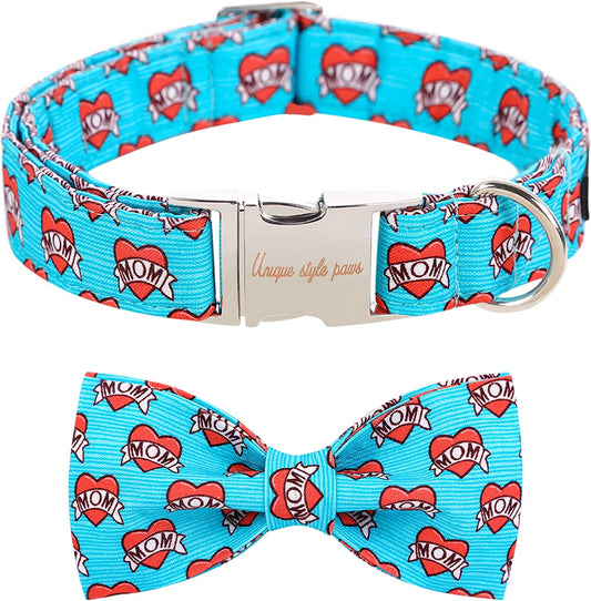 Unique Style Paws Mother'S Day Dog Collar with Bow Tie Blue Heart Puppy Collar Best Gift for Small Medium Large Boys Girls-M Animals & Pet Supplies > Pet Supplies > Dog Supplies > Dog Apparel Unique style paws   