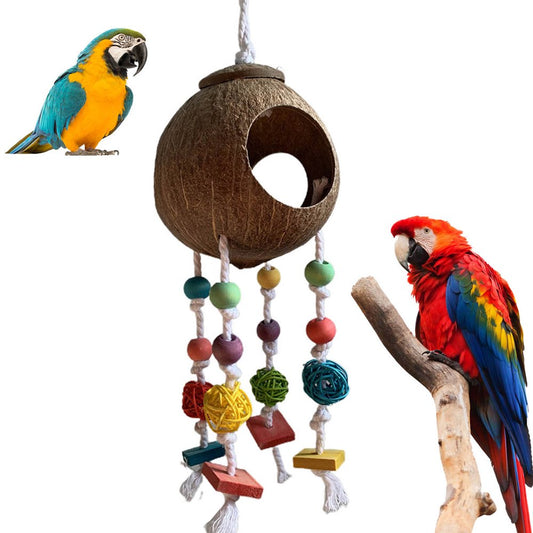 Pet Enjoy Coconut Bird Nest,Creative Parrot Hut House with Block Beads,Parrot Bite Toy with Beads Small Animals House Pet Cage Habitats Decor
