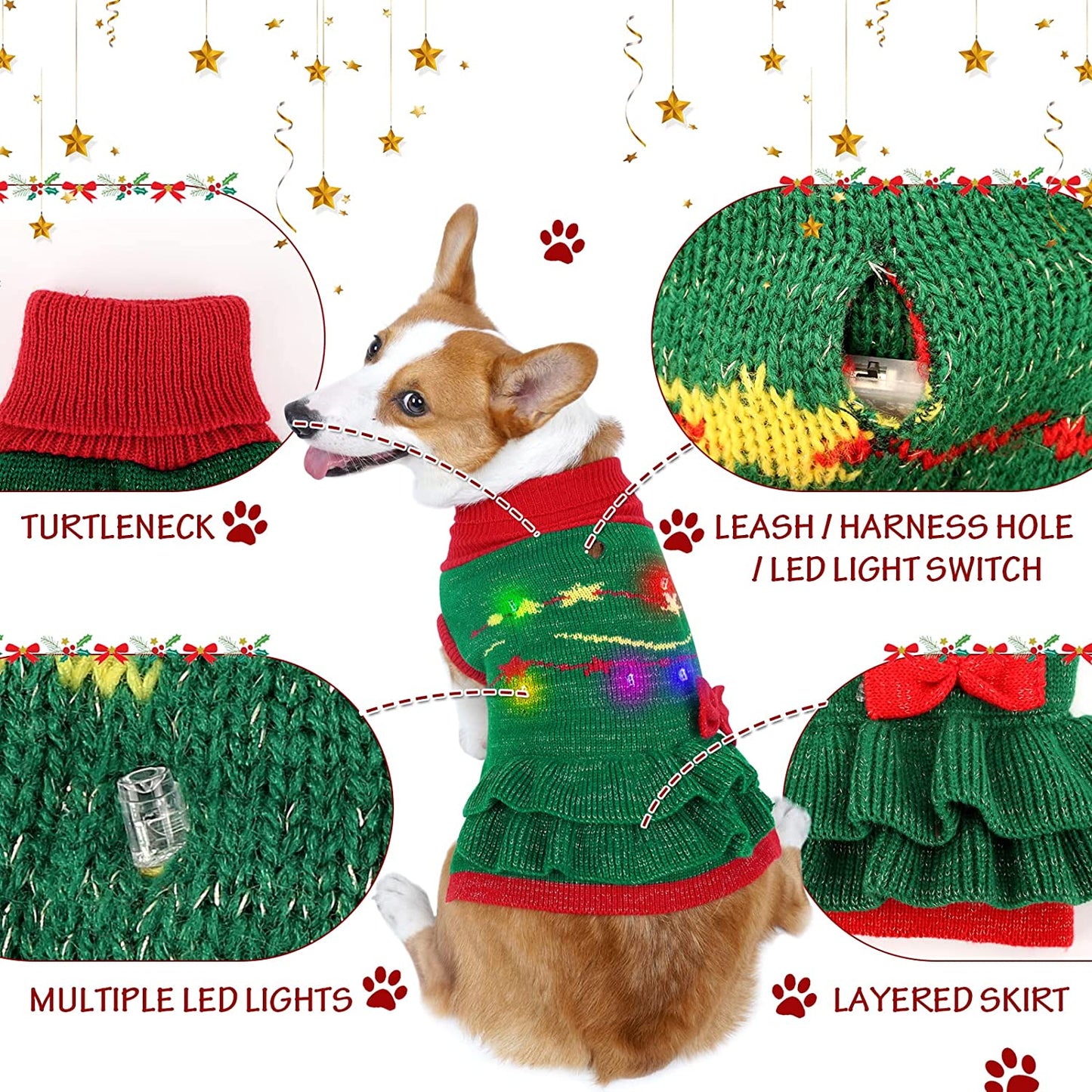 T2Y Cat Christmas Sweater - Cat Dog Costume with LED Lights, Turtleneck Cat Christmas Outfit with Leash Holes, Warm Clothes for for Kitten & Puppy, Gift for New Year (Extra Small Animals & Pet Supplies > Pet Supplies > Dog Supplies > Dog Apparel T2Y   