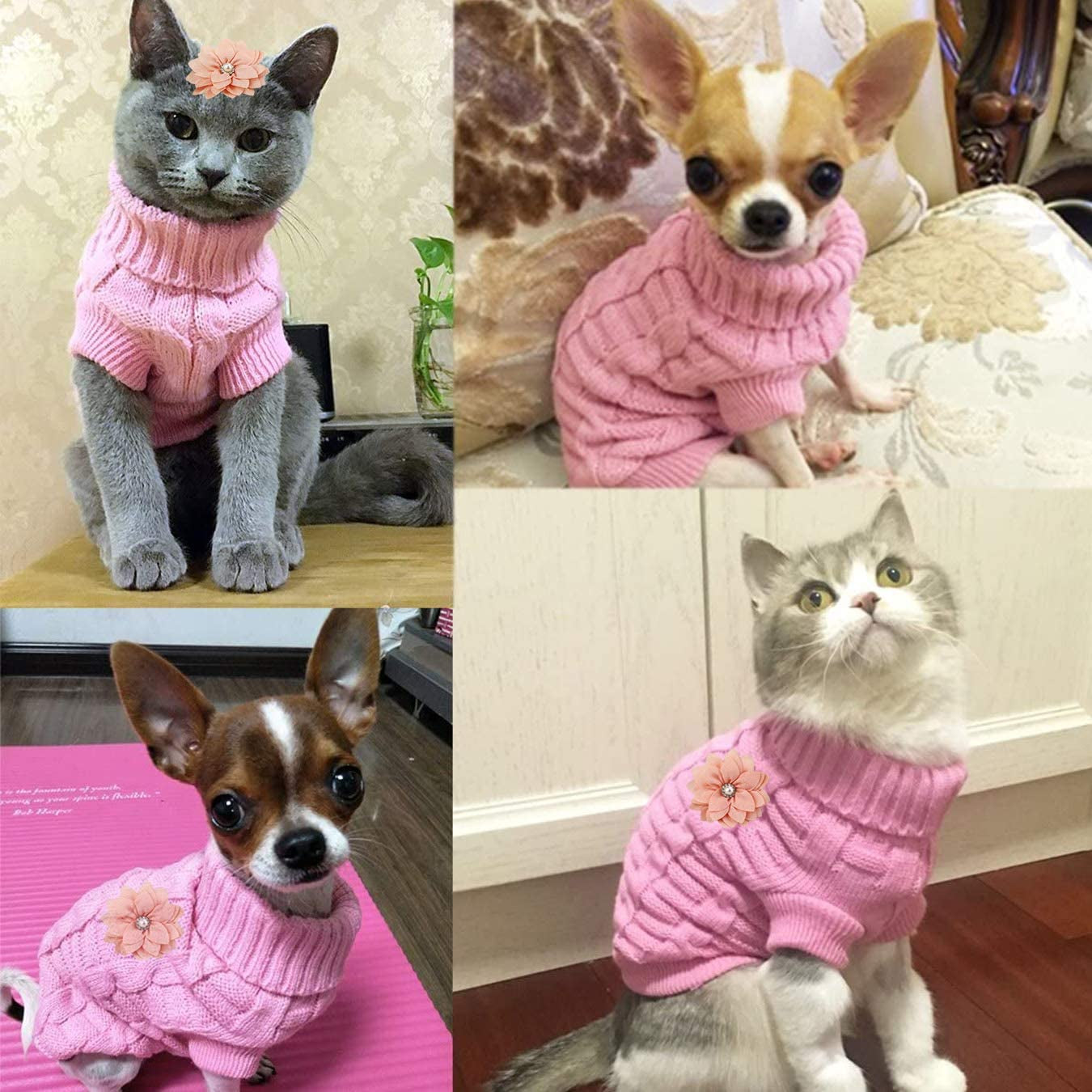 Cat Dog Sweater for Cats and Small Dogs, Warm Soft Cat Dog Turtleneck Braid Plait Knitwear with Fabric Flower Clip Decor (S, Pink) Animals & Pet Supplies > Pet Supplies > Dog Supplies > Dog Apparel Aillion   