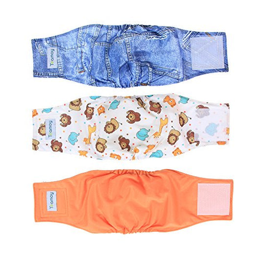 Teamoy Reusable Wrap Diapers for Male Dogs, Washable Puppy Belly Band Pack of 3 (S, 10"-13" Waist, Orange+ Denim+ Fat Smile) Animals & Pet Supplies > Pet Supplies > Dog Supplies > Dog Diaper Pads & Liners Damero INC   