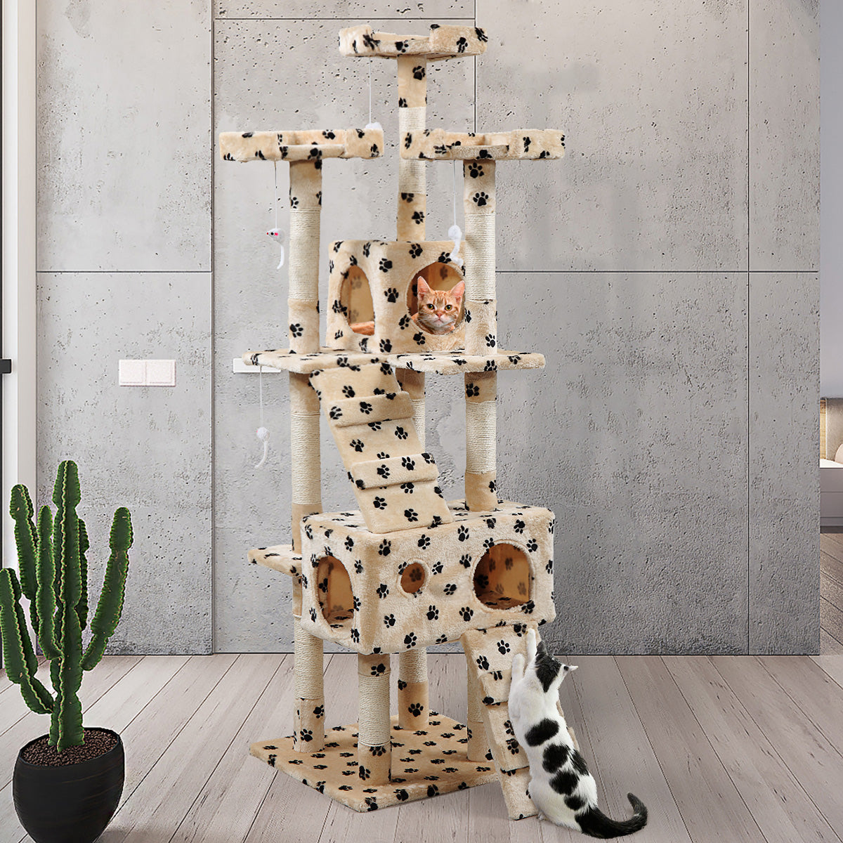 Coziwow 67" Cat Tree & Condo Scratching Post Tower, Beige with Paws
