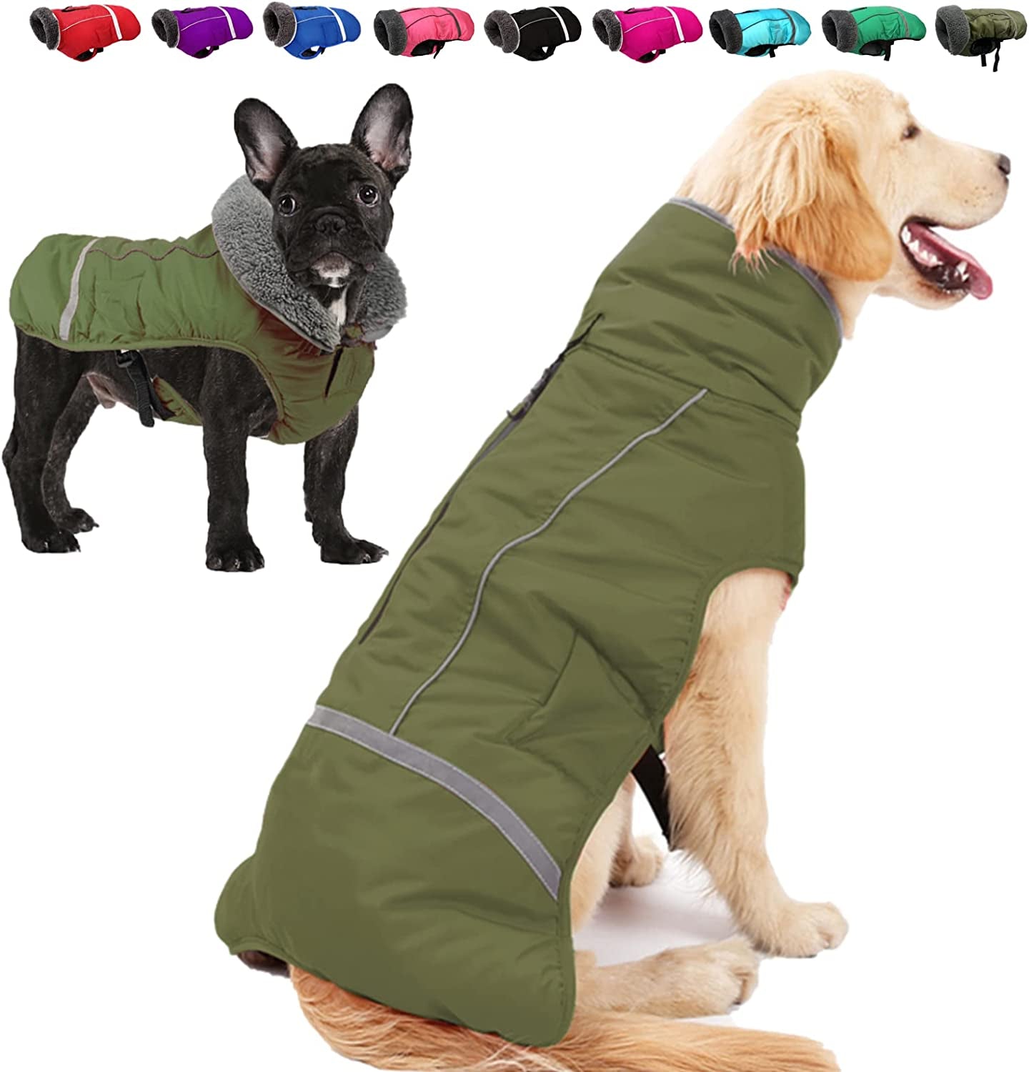 Doglay Dog Winter Coat with Thicken Furry Collar, Reflective Warm Pet Jacket Fleece Lining Waterproof Windproof Dog Clothes for Cold Weather, Soft Puppy Vest Apparel for Small Medium Large Dogs Animals & Pet Supplies > Pet Supplies > Dog Supplies > Dog Apparel Doglay Army Green 2XL(Chest :27.56-38.58" , Back : 23.62") 