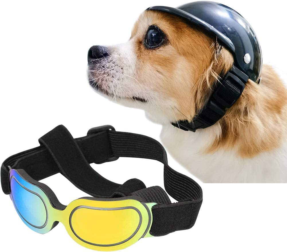 La La Pet® Pet Helmet with Dog Goggles Pet Doggie Cap Hat Dog Sunglasses Pet Eye Wear Cat UV Protection Sun Glasses for Puppy Dog Travel Skiing, Helmet S + Black Goggles Animals & Pet Supplies > Pet Supplies > Dog Supplies > Dog Apparel La La Pet Colourful Goggles Helmet M 