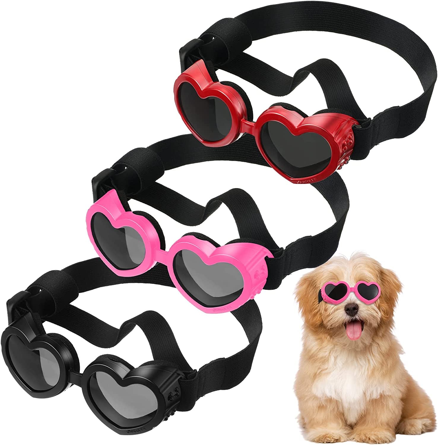 Nezyo Dog Goggles Heart Shape Dog Sunglasses Puppy UV Protection Goggles Small Breed Doggie Windproof Glasses with Adjustable Strap Medium Pets 3 Pairs (Black, Blue, Pink) Animals & Pet Supplies > Pet Supplies > Dog Supplies > Dog Apparel Nezyo Black, Red, Pink  