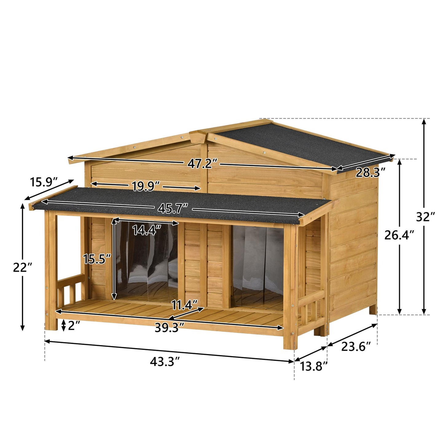 Large Wood Dog House, Mrdoggy Outdoor Puppy House with Porch, for Dogs up to 100 Lbs