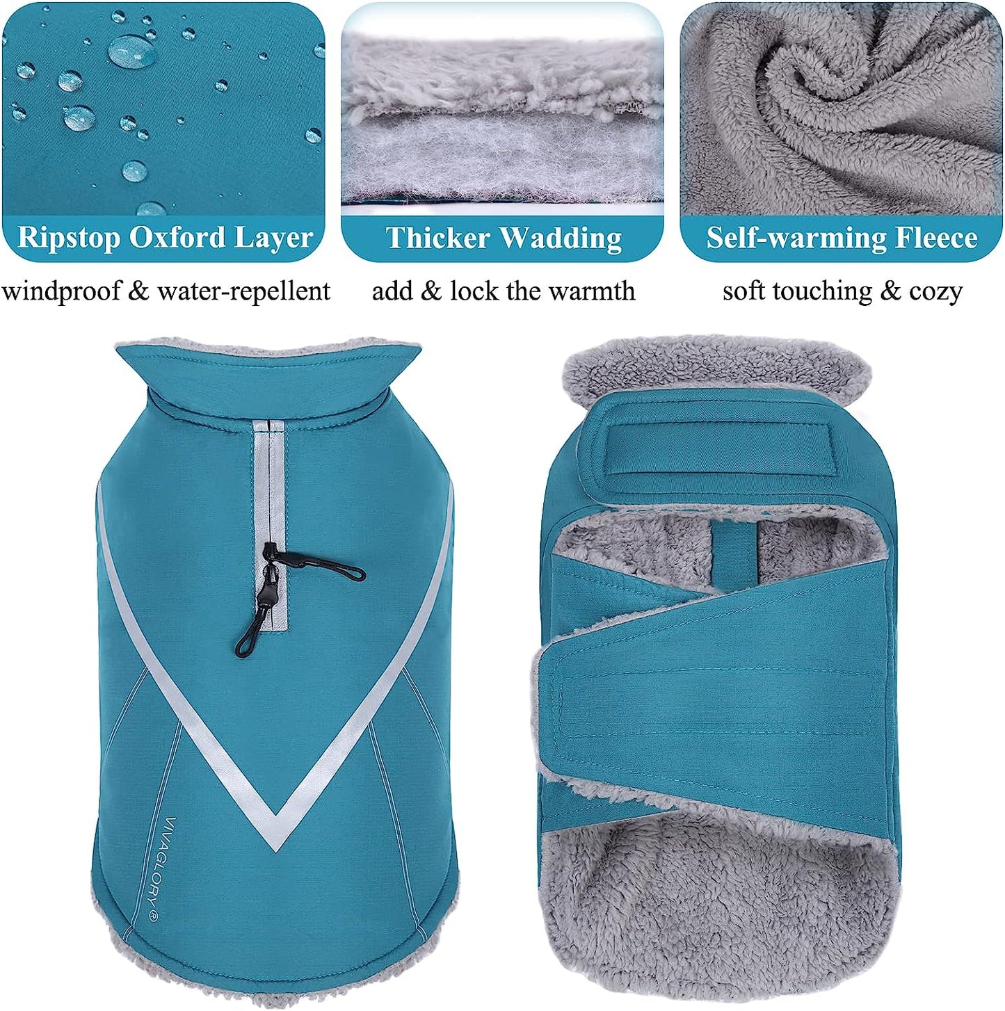 VIVAGLORY Fleece Vest Dog Cold Weather Sweater, Dog Vest Fleece Jacket with Two-Way Zipper Opening, Reflective Coats Pet Jacket for Medium Large Dogs, Turquoise, L Animals & Pet Supplies > Pet Supplies > Dog Supplies > Dog Apparel VIVAGLORY   