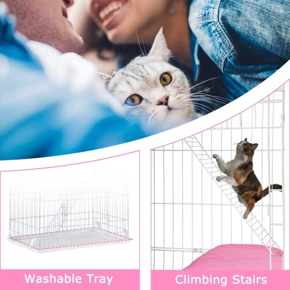 Jaydayon Folding Cat Cage Large Small Animals Crate-Wire Metal Pet Playpen Home with 3 Doors 2 Ramp Laddershammock 2 Resting Mats Bedstray Indoor Outdoor Cat Kennel 67H X 22W X 33L(White)