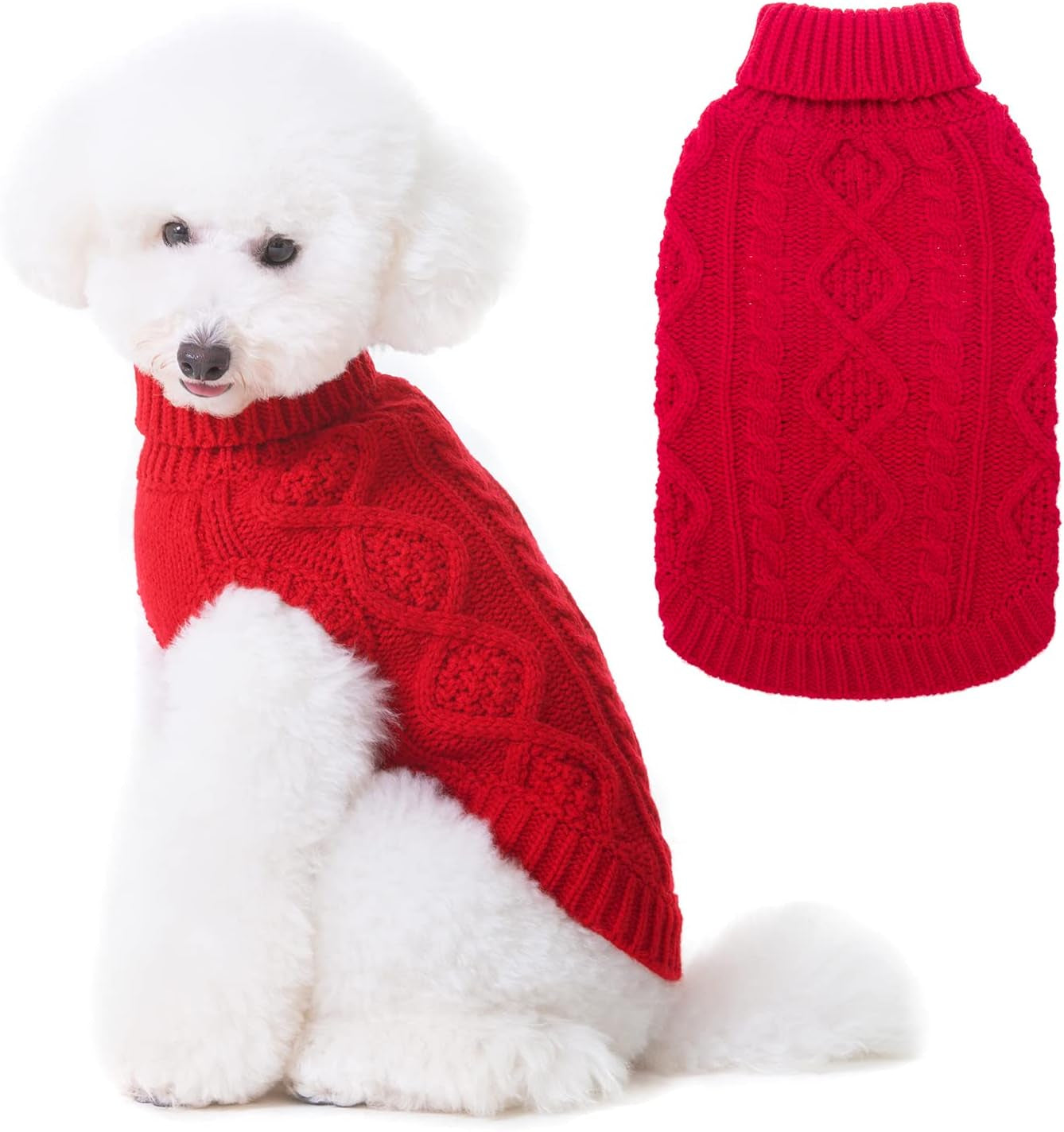 BINGPET Dog Knitted Sweaters - Turtleneck - Classic Cable Knit Dog Jumper Coat Warm Sweartershirts Outfits for Dogs Cats in Autumn Winter Animals & Pet Supplies > Pet Supplies > Dog Supplies > Dog Apparel BINGPET Red X-Small 