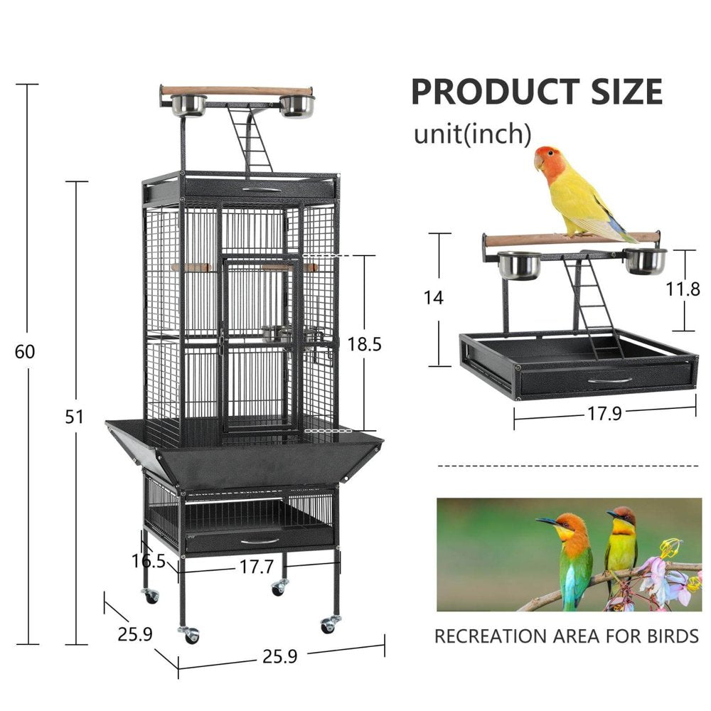 Niamvelo 61’’Large Iron Birdcage Wrought Parrot Cage with Play Top and Rolling Stand for Parakeets and Lovebirds,Black Animals & Pet Supplies > Pet Supplies > Bird Supplies > Bird Cages & Stands NiamVelo   