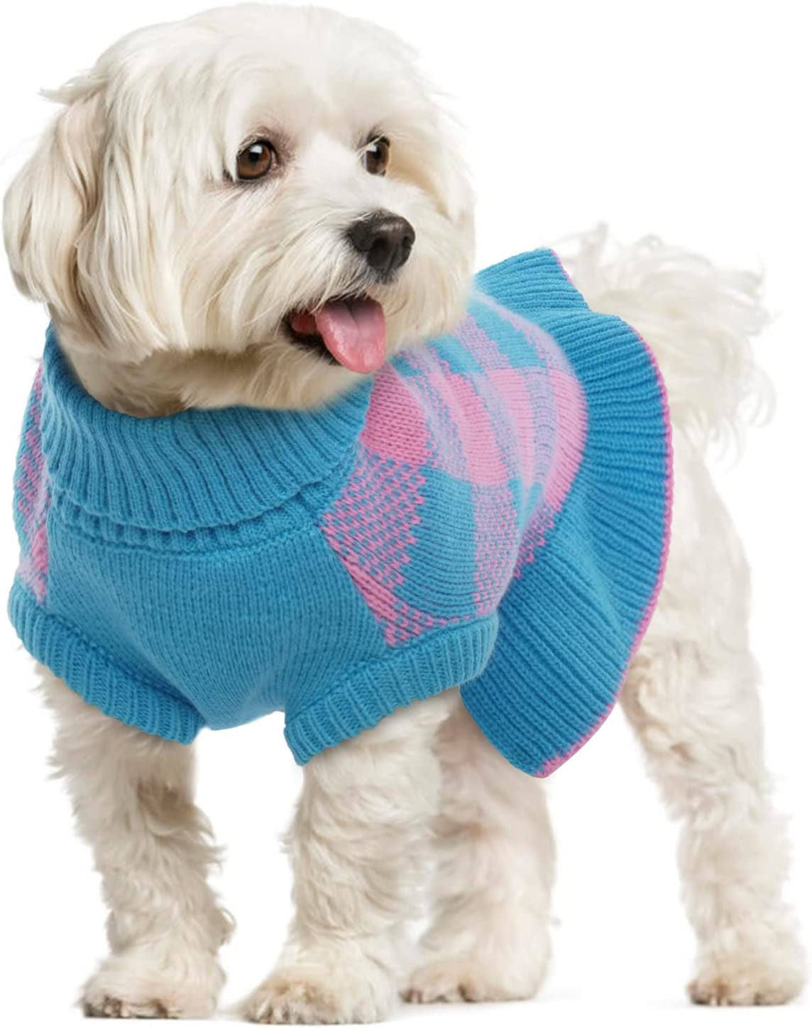 Dog Sweater Dress, Turtleneck Pullover Knitwear Warm Girl Dogs Coat for Fall Winter Cute Classic Plaid Pattern Princess Style Knit Clothes for Small Medium Female Dogs Puppy Leash Hole(Orange Blue) Animals & Pet Supplies > Pet Supplies > Dog Supplies > Dog Apparel LeLePet Blue X-Large 