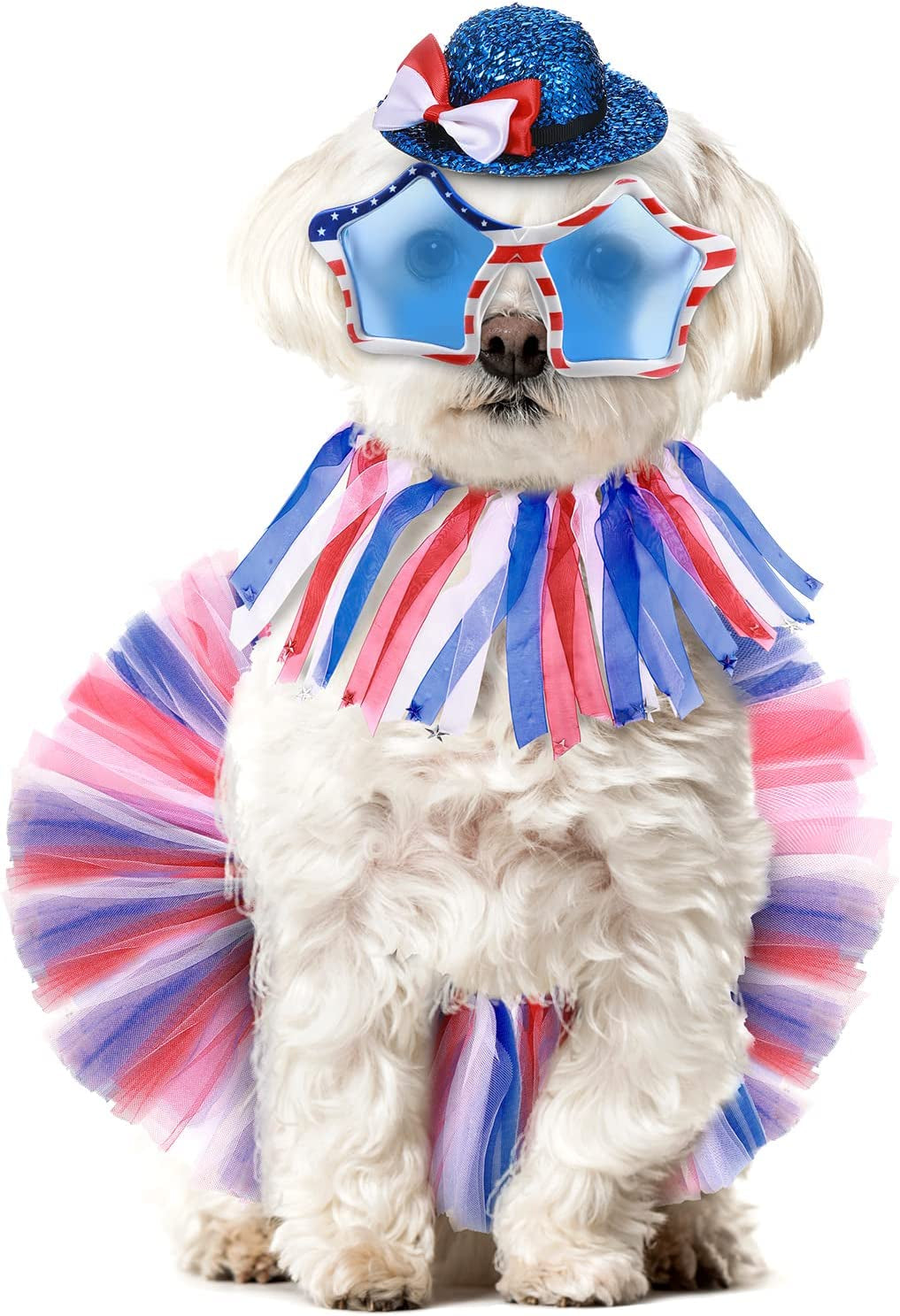 4 Pcs Labor Day Pet Costume Independence Day Dog Costume Accessories, Red Blue and White Tutu Skirt Fancy Collar American Flag Dog Sunglasses Bowtie Hat for Dogs Kitty Patriotic Party Animals & Pet Supplies > Pet Supplies > Dog Supplies > Dog Apparel Tallew   