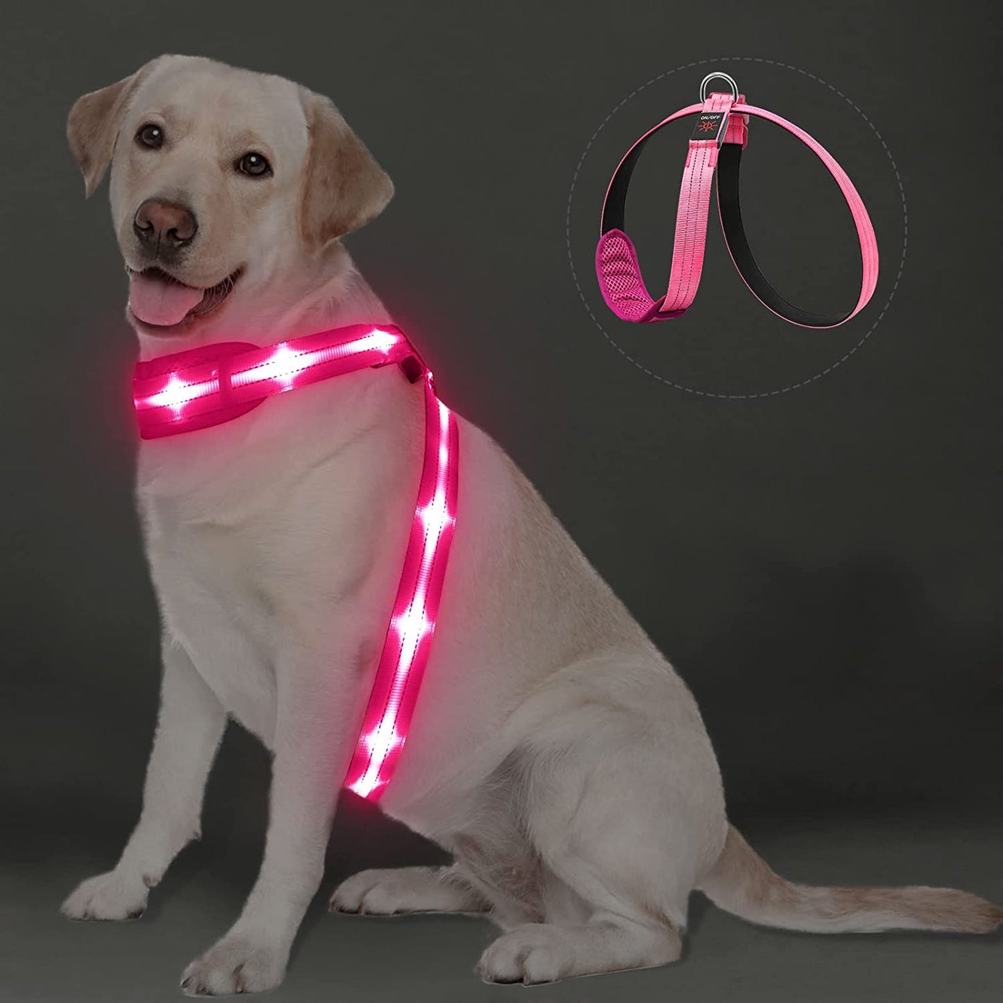 Pzrlit LED Light up Dog Vest Harness Rechargeable, Soft Padded, Adjustable & Reflective Lighted Dog Harness Waterproof, Glow Dark Dog Light Harness for Camping Night Safety Walking, Medium Blue Animals & Pet Supplies > Pet Supplies > Dog Supplies > Dog Apparel PZRLit Pink M Neck+Chest≤119cm(47") 