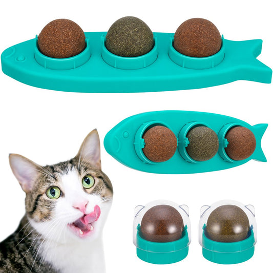 Taihexin 3 in 1 Catnip Wall Balls Toys, Teeth Cleaning Catnip Toy for Cats Licker, Fish Shape Self-Adhesive Catnip Edible Balls