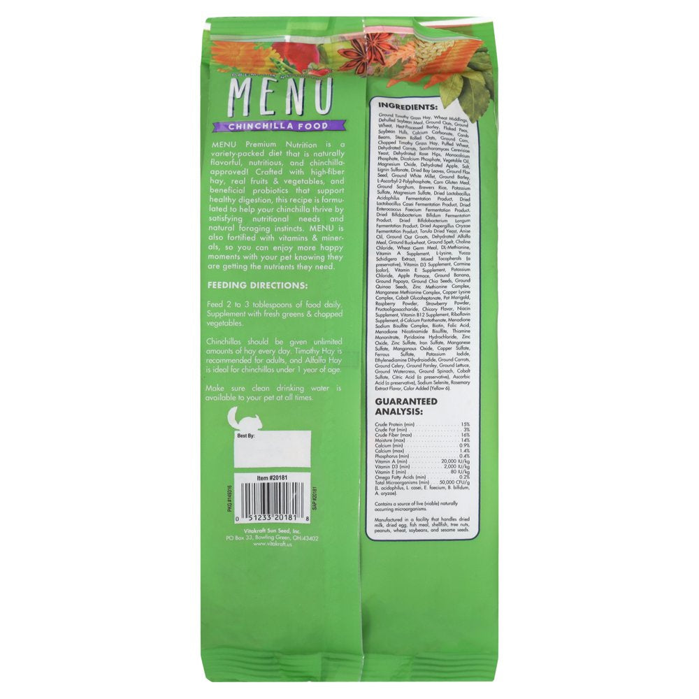Menu Chinchilla Food - Vitamin-Fortified Complete Nutrition - Natural Forage Blend, 2 Lb Animals & Pet Supplies > Pet Supplies > Small Animal Supplies > Small Animal Food Vitakraft Sun Seed Inc.   