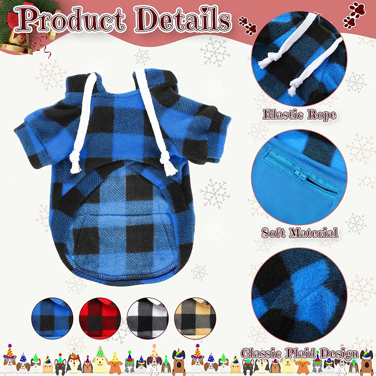 Saintrygo 4 Pieces Dog Hoodie Christmas Winter Warm Clothing with Pockets for Small Dogs Sweater Hood Sweaters Hat Chihuahua Coat Puppy Cat Custume (Plaid, Large), Blue,White Animals & Pet Supplies > Pet Supplies > Dog Supplies > Dog Apparel Saintrygo   