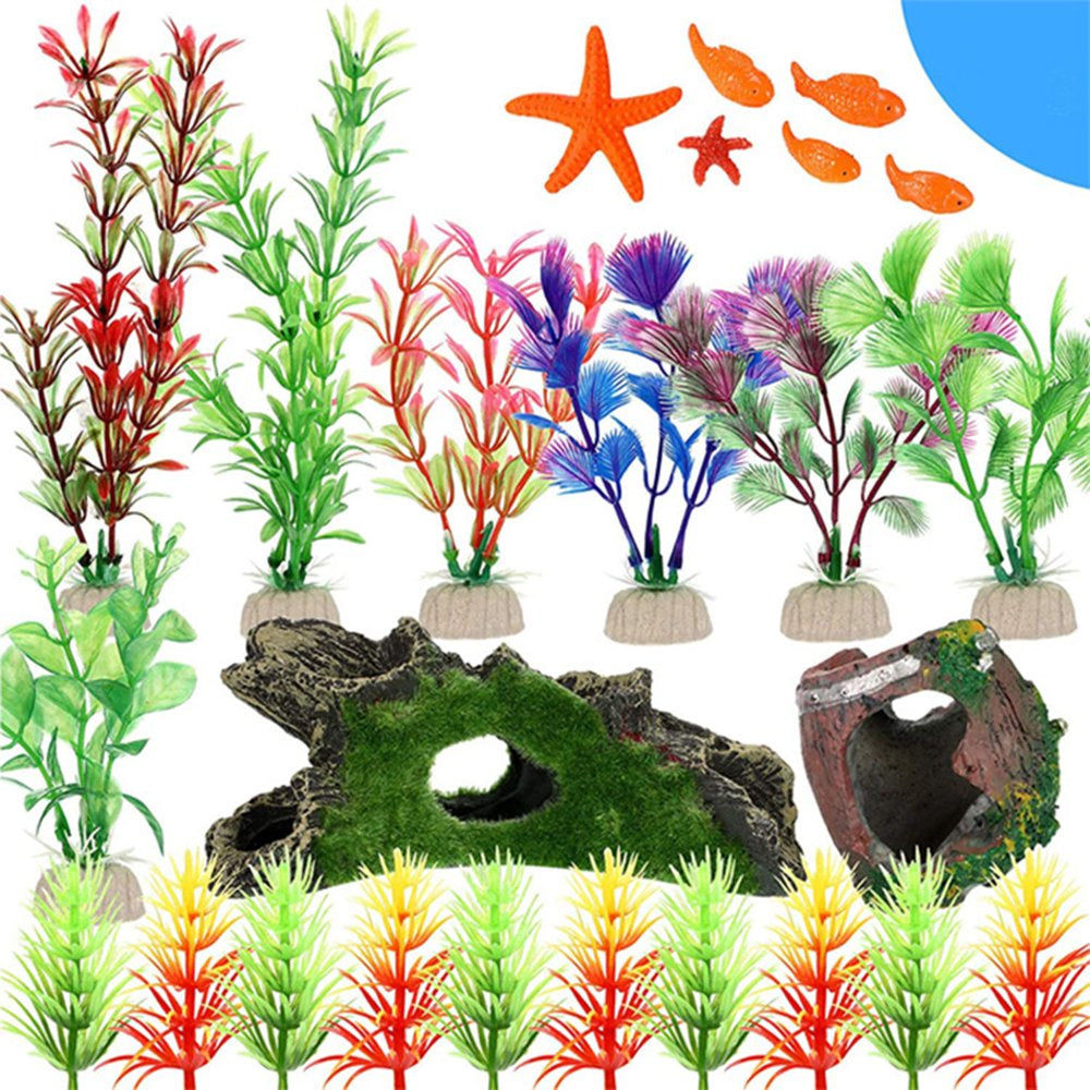 Meidiya Aquarium Decorations Fish Tank Accessories Plants - Fish Tank Decor Kit with Artificial Plastic Plants and Cave Hideouts Resin Handicrafts Ornaments(Ornaments Set #1)