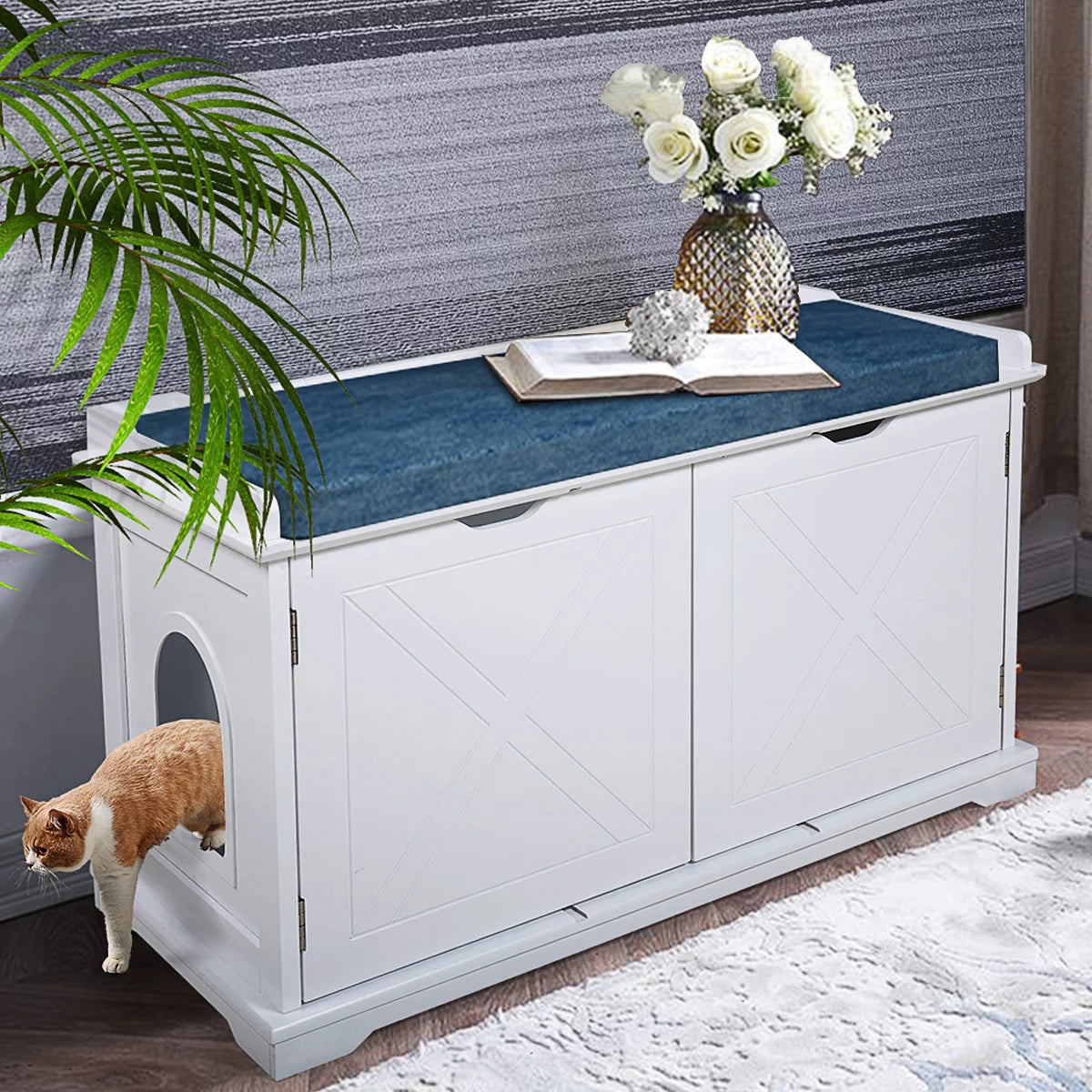 SESSLIFE Cat Litter Box Enclosure, Wood Hidden Cat Litter Box Furniture with Double Doors, Spacious Storage, Dark Brown Cat House Washroom Storage Bench, TE2161 Animals & Pet Supplies > Pet Supplies > Cat Supplies > Cat Furniture SESSLIFE White  