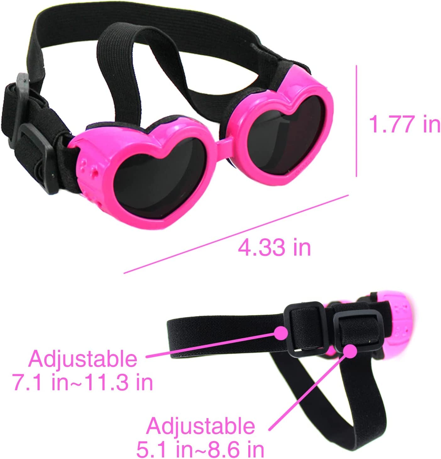 Small Dog Sunglasses, Heart Shape Dog Goggles, Eye Wear Protection With Adjustable Strap for Dogs about over 15 Lbs Black + Pink Animals & Pet Supplies > Pet Supplies > Dog Supplies > Dog Apparel RTUDOPUYT   