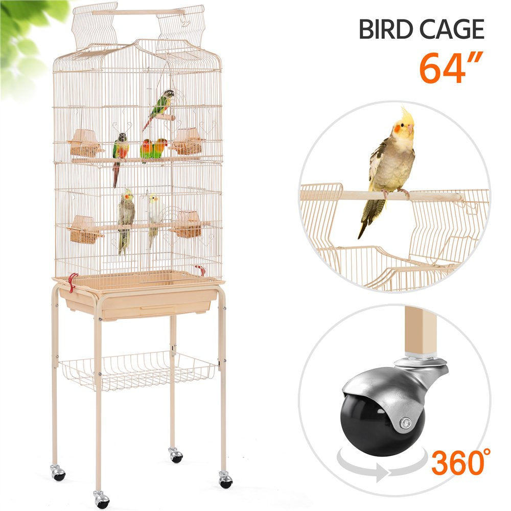 Topeakmart 64''H Open Top Metal Birdcage Rolling Parrot Cage with Detachable Stand, Almond Animals & Pet Supplies > Pet Supplies > Bird Supplies > Bird Cages & Stands Topeakmart Almond  