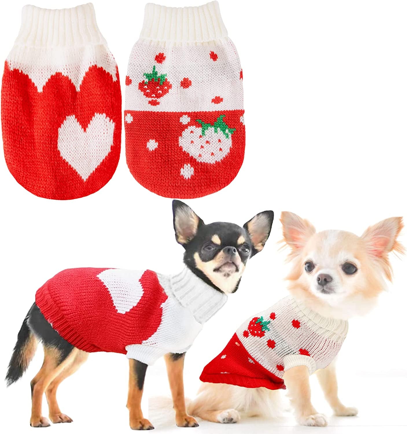 2 Pack Christams Dog Sweaters for Small Dogs, Warm Dog Winter Clothes for Small Dogs Girl, Pink Cute Pet Puppy Clothes, Chihuahua Sweater Teacup Dog Clothes (Small), Pink+Green Animals & Pet Supplies > Pet Supplies > Dog Supplies > Dog Apparel Generic Strawberry+Heart X-Small 