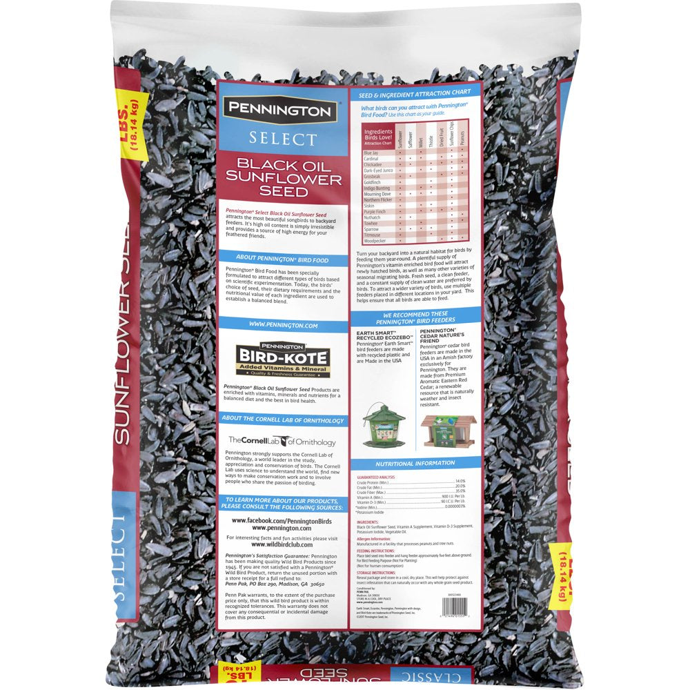 Pennington Select Black Oil Sunflower Seed Wild Bird Feed, 40 Lb. Bag Animals & Pet Supplies > Pet Supplies > Bird Supplies > Bird Food CENTRAL GARDEN & PET COMPANY   