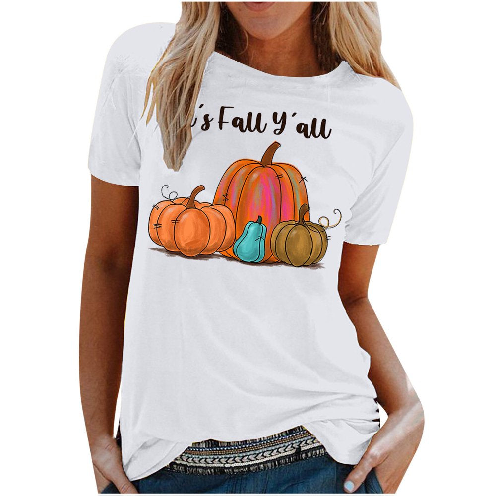 It'S Fall Y'All Women Tops Short Sleeve Pumpkin Graphic Tees Shirts 2022 round Neck Cute T-Shirt Animals & Pet Supplies > Pet Supplies > Cat Supplies > Cat Apparel BRKEWI B-White XL 