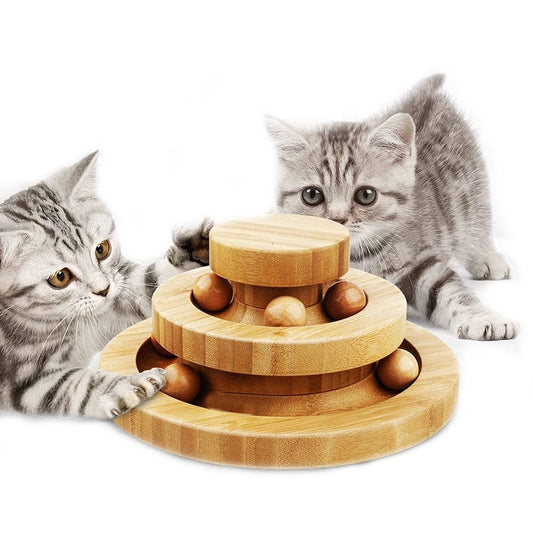 Carkira Cat Toy Wooden Double Track Turntable with Ball Funny Cat Tower Toy