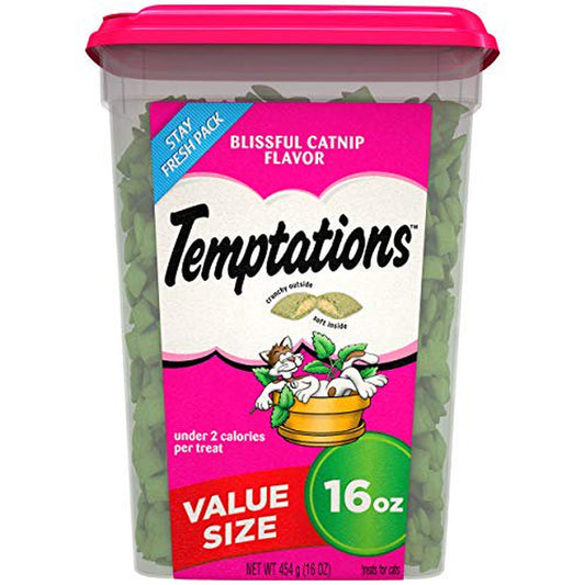 TEMPTATIONS Classic Crunchy and Soft Cat Treats Blissful Catnip Flavor, 16 Oz. Tub