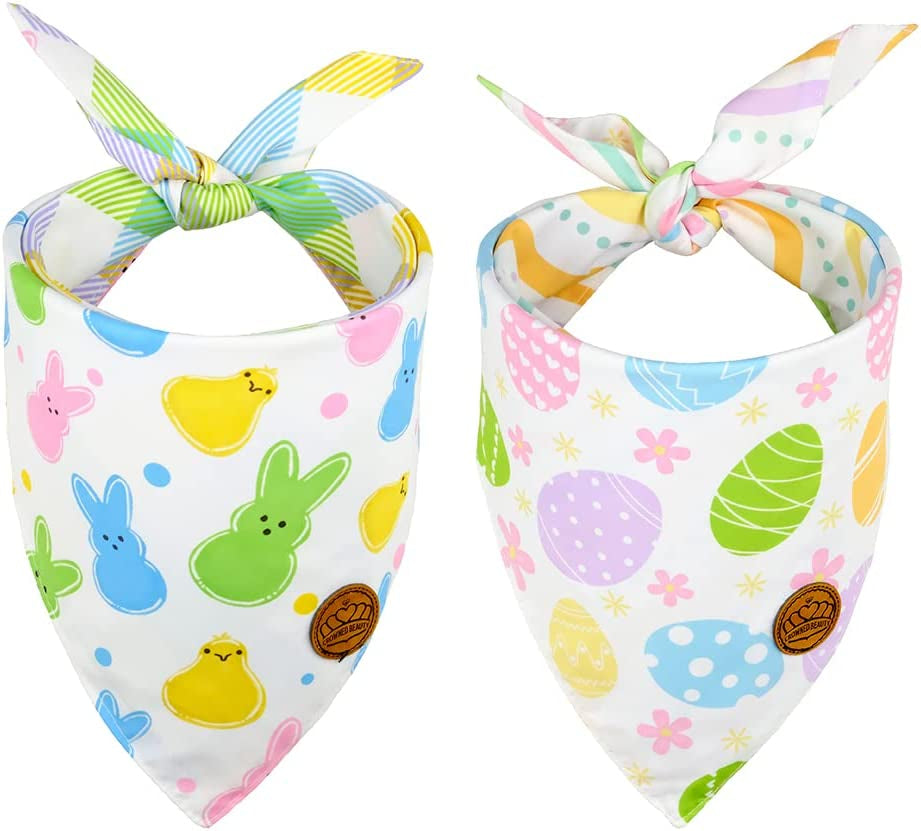 Crowned Beauty Easter Dog Bandanas Large 2 Pack, Colorful Bunnies Eggs Set, Floral Stripe Adjustable Triangle Holiday Plaid Reversible Scarves for Medium Large Extra Large Dogs Pets Animals & Pet Supplies > Pet Supplies > Dog Supplies > Dog Apparel Crowned Beauty   