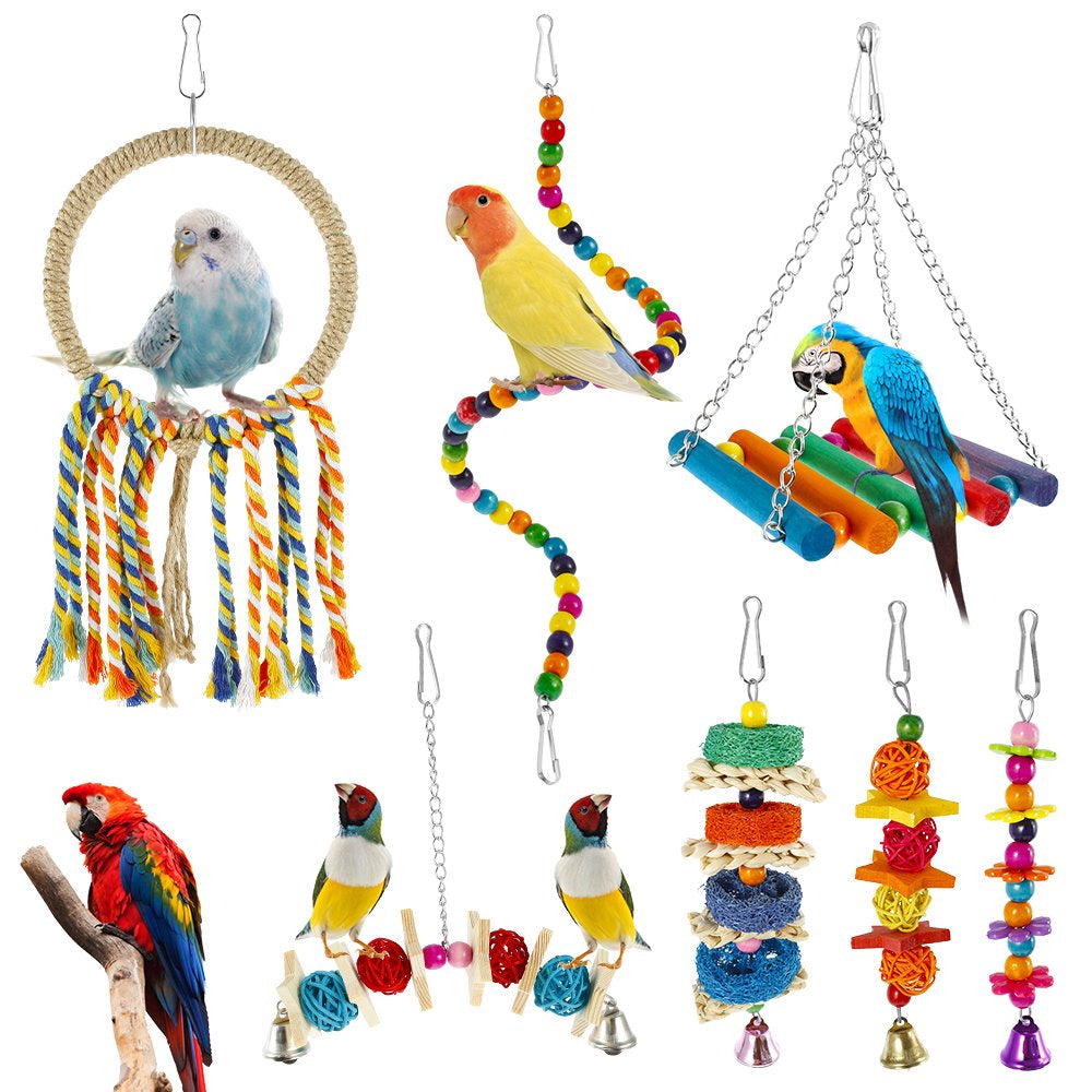 HOTBEST 7 Piece Birds Cage Swing Set, Colorful Pet Bird Cage Hammock Swing Toy Parrot Chewing Swing Hanging Perch with Bell for Parakeets, Macaws, Conures, Budgies, Lovebirds, Mynah, Finches Animals & Pet Supplies > Pet Supplies > Bird Supplies > Bird Toys HOTBEST   