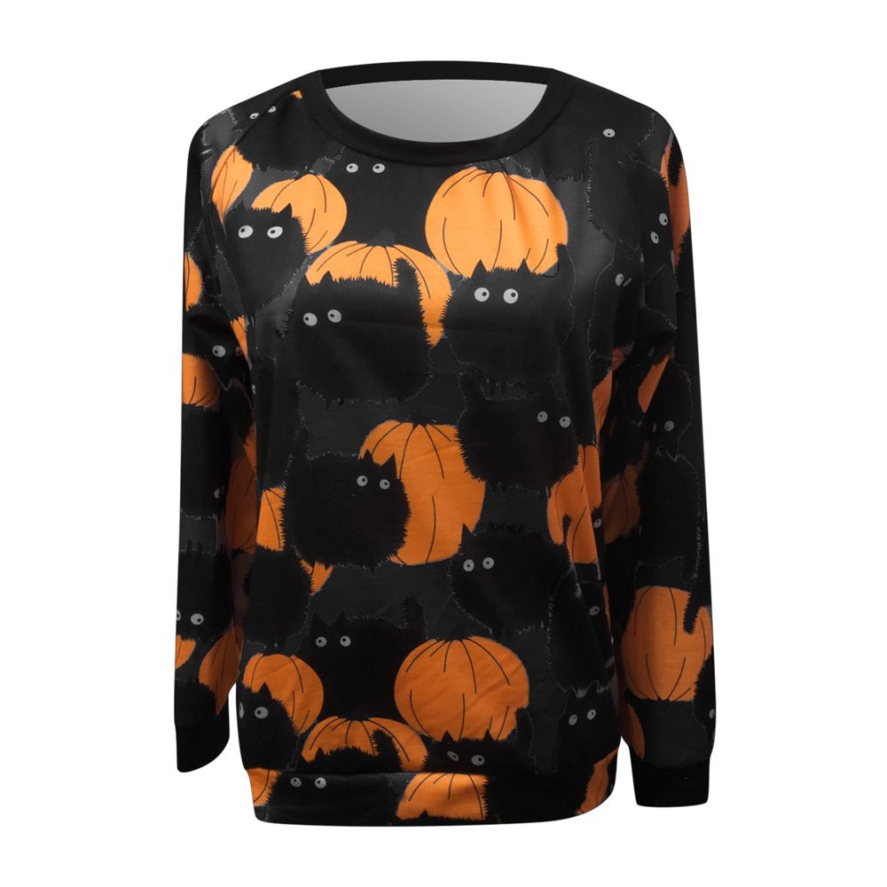 Follure Women Halloween Tops T-Shirt Black Cats Pumpkin Print Long Sleeve Crenwck Pullover Sweatshirt Animals & Pet Supplies > Pet Supplies > Cat Supplies > Cat Apparel Follure   